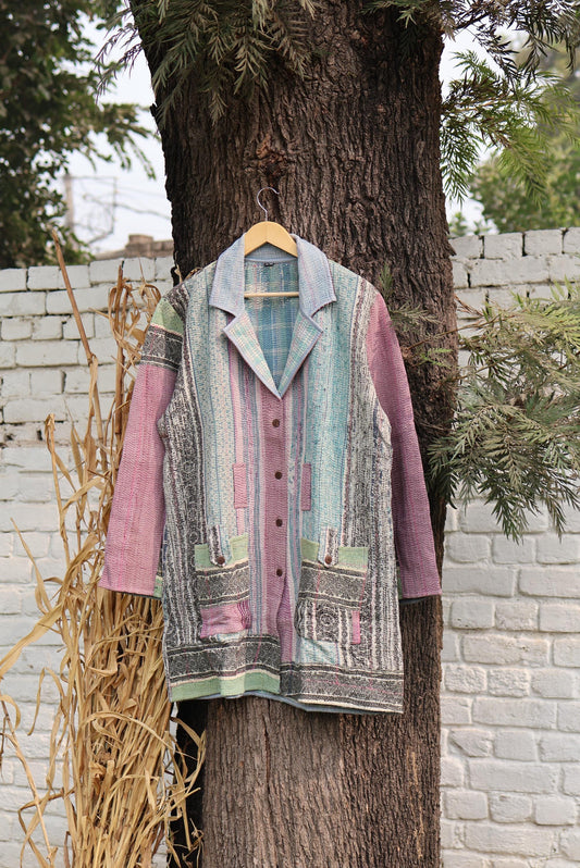 Handmade Vintage Kantha Quilt Coat for Women - Unique Bohemian Outerwear from Recycled Indian Quilts, One-off Ethnic style Up-Cycled Jacket