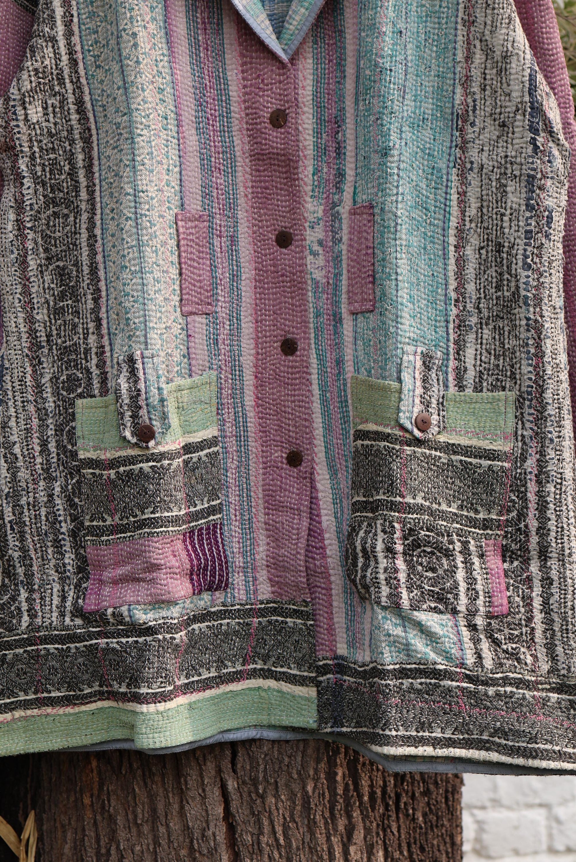 Handmade Vintage Kantha Quilt Coat for Women - Unique Bohemian Outerwear from Recycled Indian Quilts, One-off Ethnic style Up-Cycled Jacket