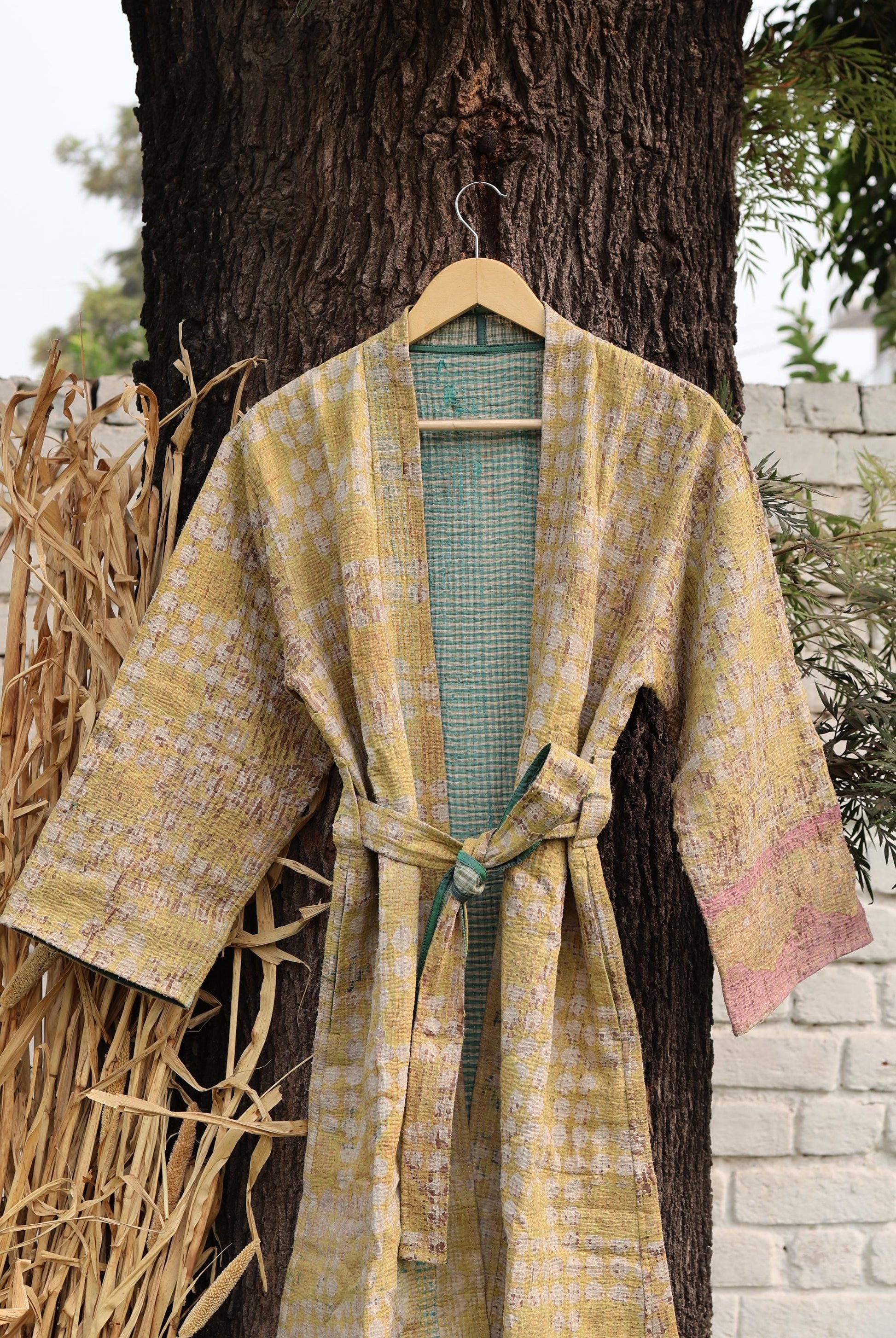 Handmade Vintage Kantha Kimono for Women - Unique Bohemian Outerwear from Recycled Indian Quilts, Ethnic style Robe, Up-Cycled Kimono Jacket