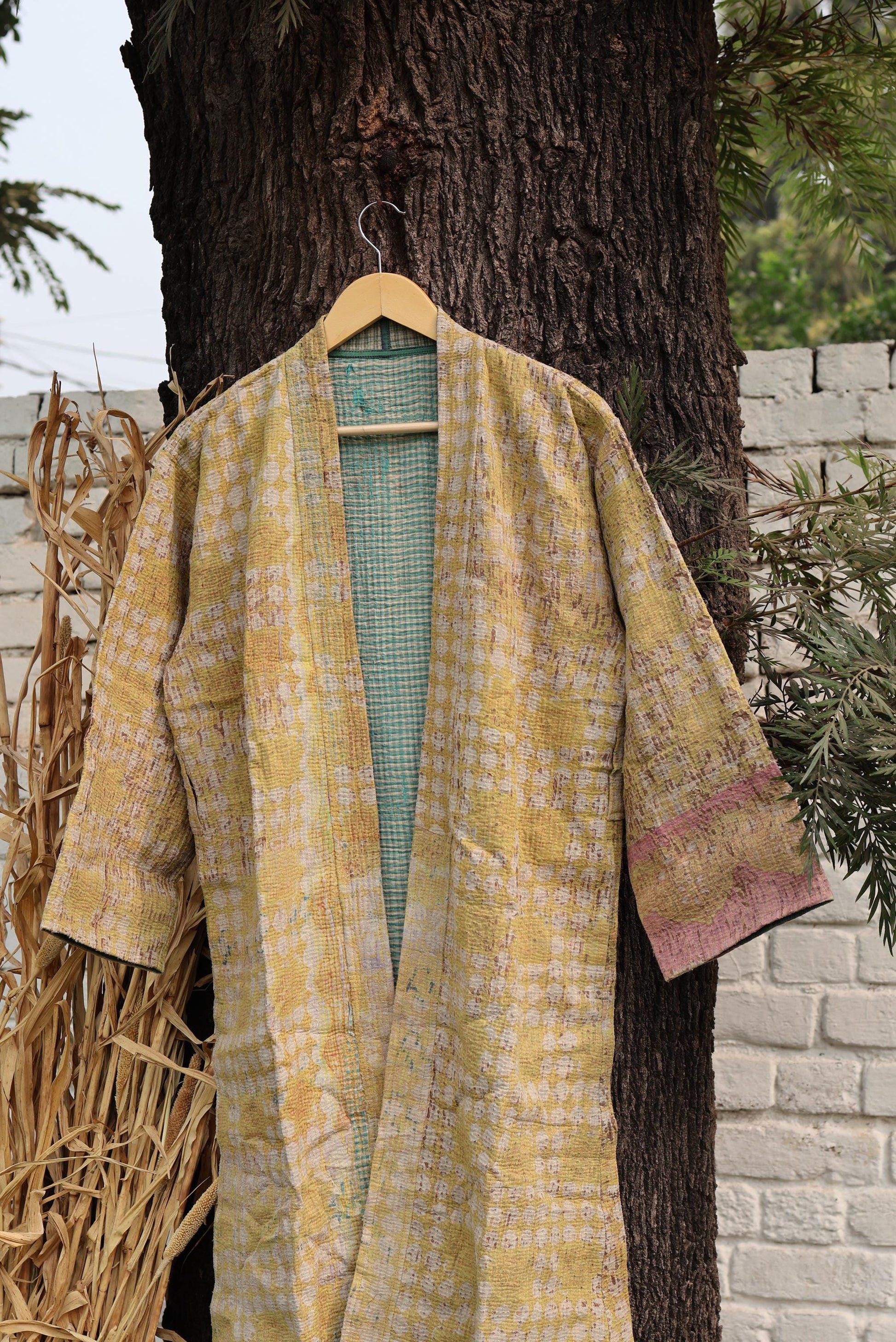 Handmade Vintage Kantha Kimono for Women - Unique Bohemian Outerwear from Recycled Indian Quilts, Ethnic style Robe, Up-Cycled Kimono Jacket