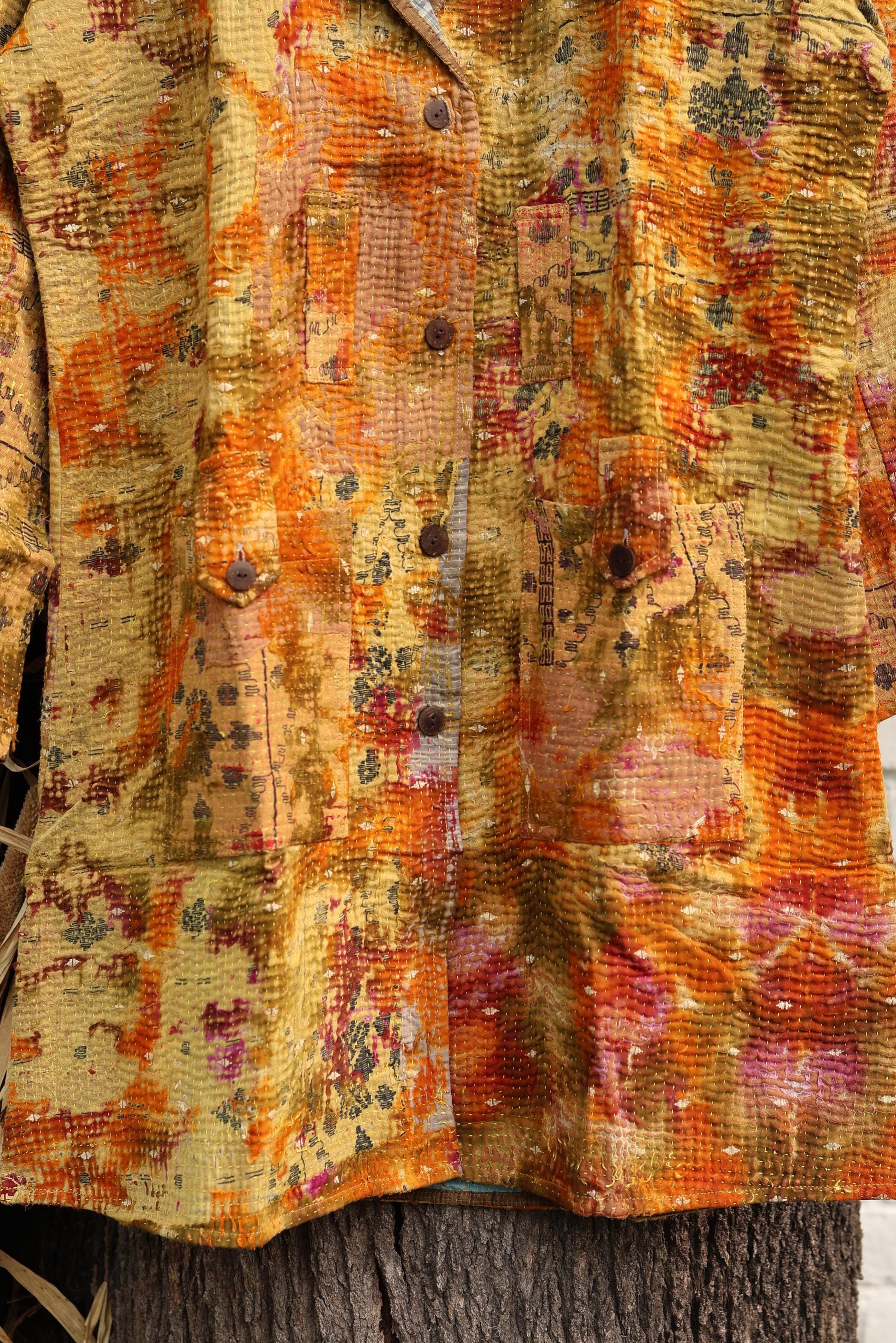 Handmade Vintage Kantha Quilt Coat for Women - Unique Bohemian Outerwear from Recycled Indian Quilts, One-off Ethnic style Up-Cycled Jacket