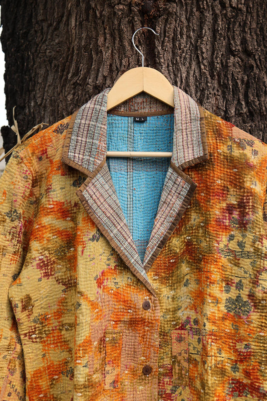 Handmade Vintage Kantha Quilt Coat for Women - Unique Bohemian Outerwear from Recycled Indian Quilts, One-off Ethnic style Up-Cycled Jacket