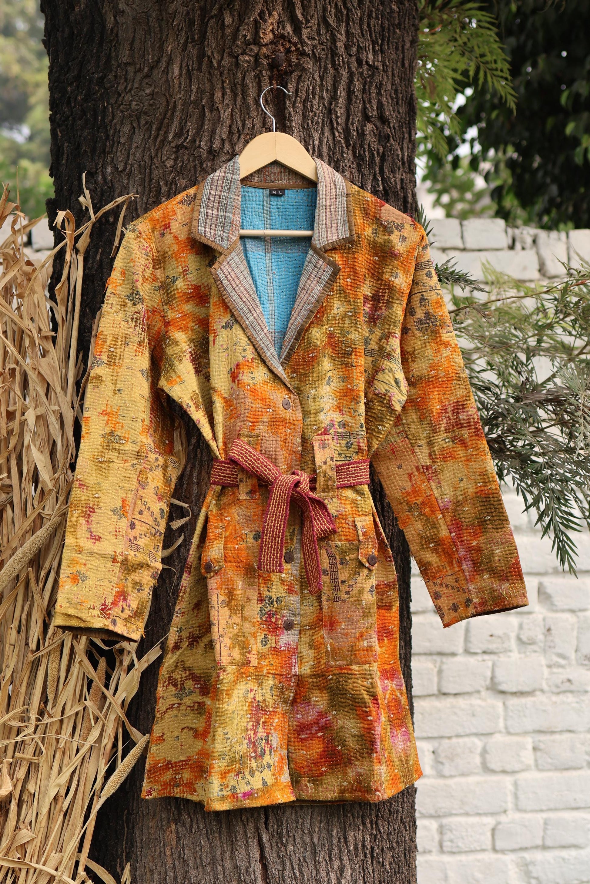 Handmade Vintage Kantha Quilt Coat for Women - Unique Bohemian Outerwear from Recycled Indian Quilts, One-off Ethnic style Up-Cycled Jacket