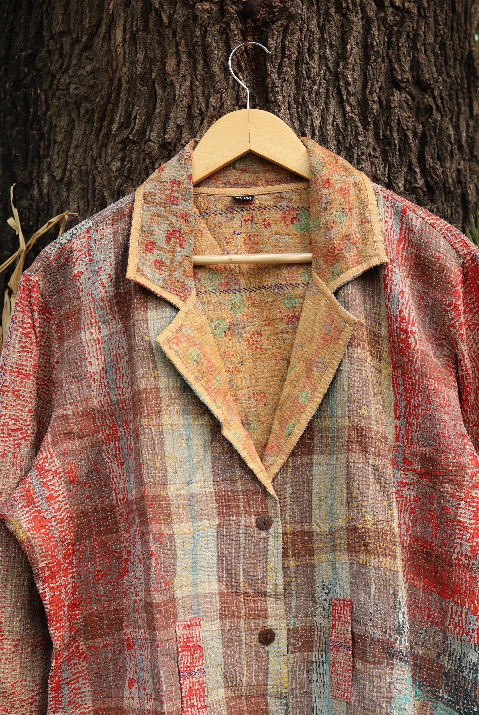 Handmade Vintage Kantha Quilt Coat for Women - Unique Bohemian Outerwear from Recycled Indian Quilts, One-off Ethnic style Up-Cycled Jacket