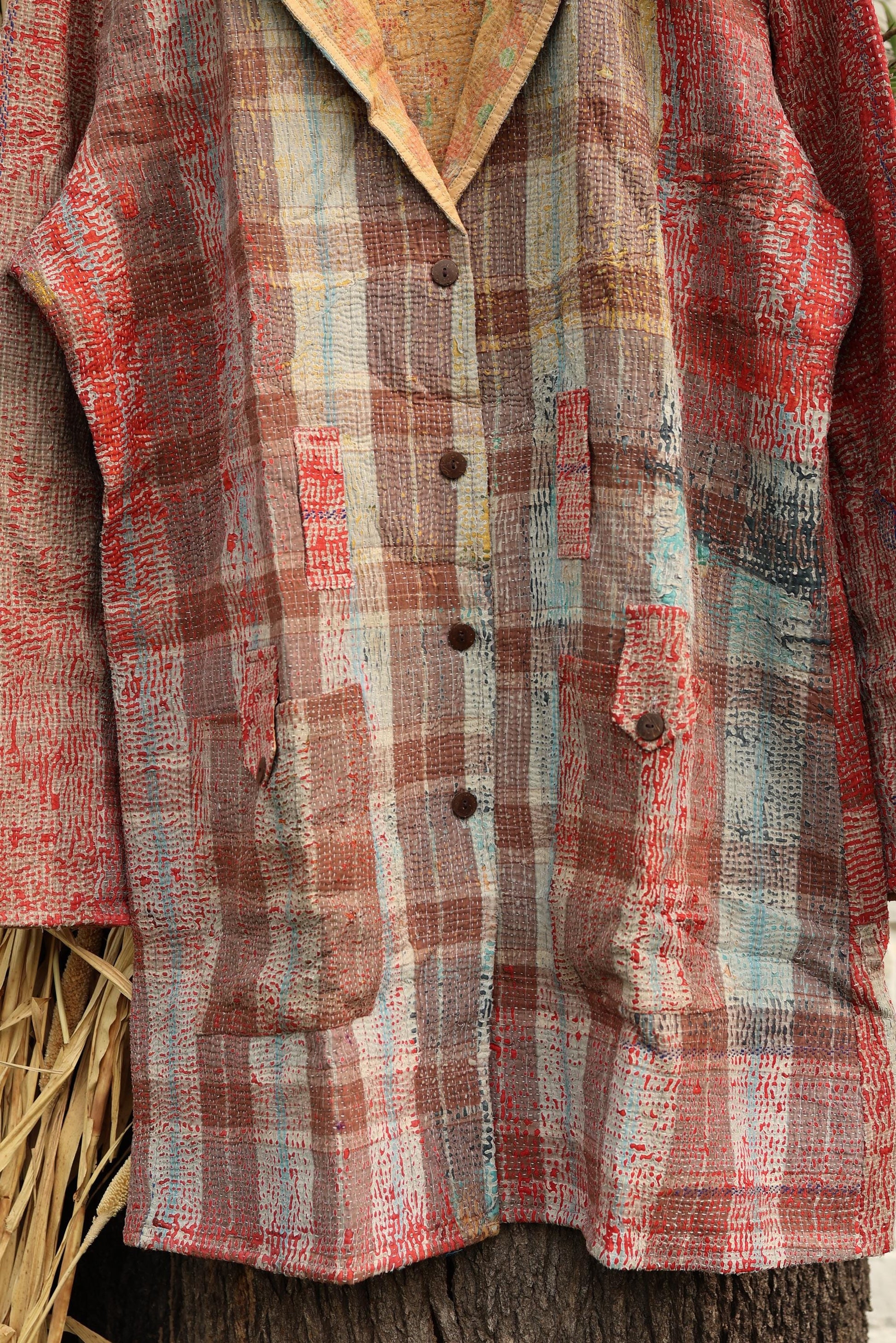 Handmade Vintage Kantha Quilt Coat for Women - Unique Bohemian Outerwear from Recycled Indian Quilts, One-off Ethnic style Up-Cycled Jacket