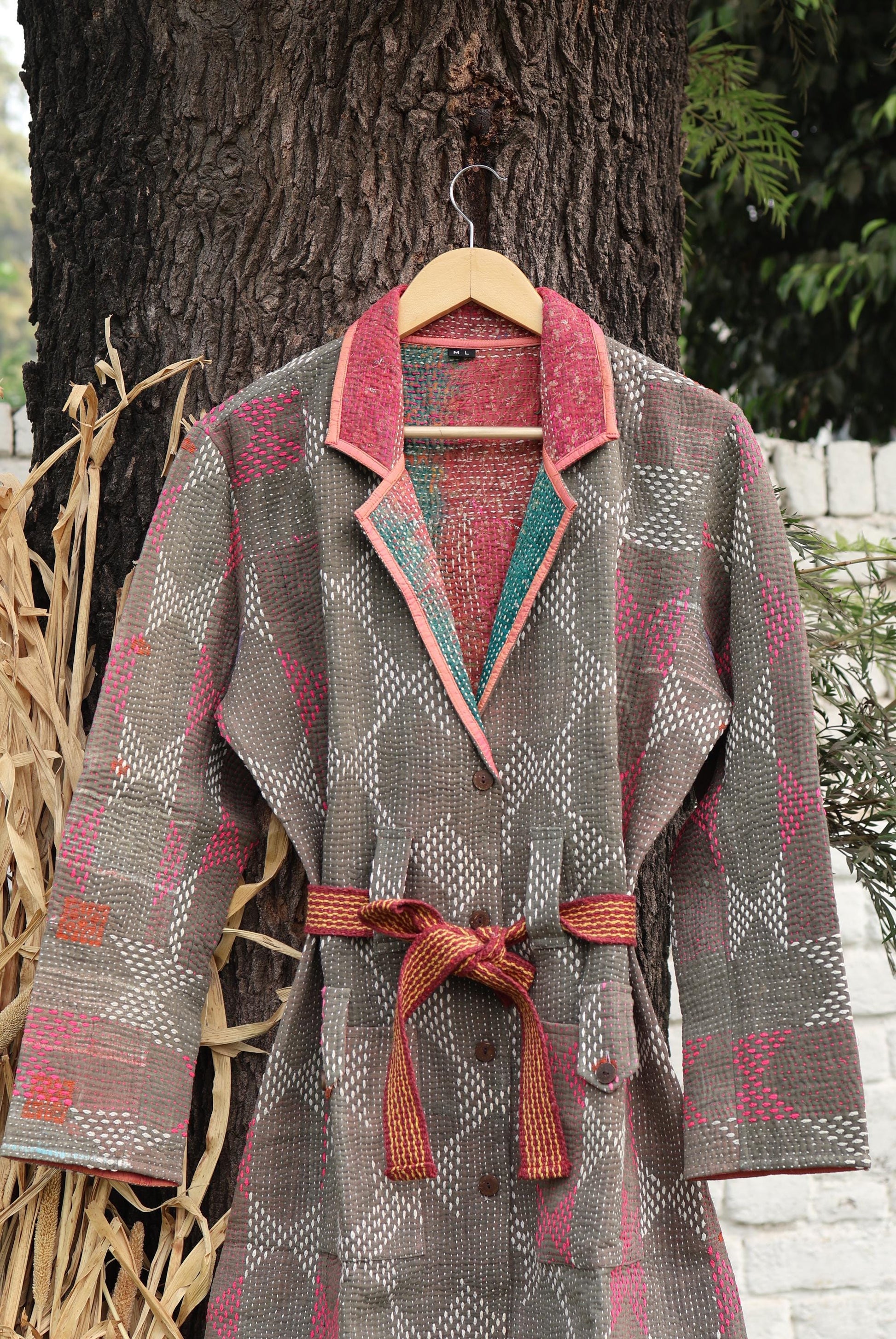 Handmade Vintage Kantha Quilt Coat for Women - Unique Bohemian Outerwear from Recycled Indian Quilts, One-off Ethnic style Up-Cycled Jacket