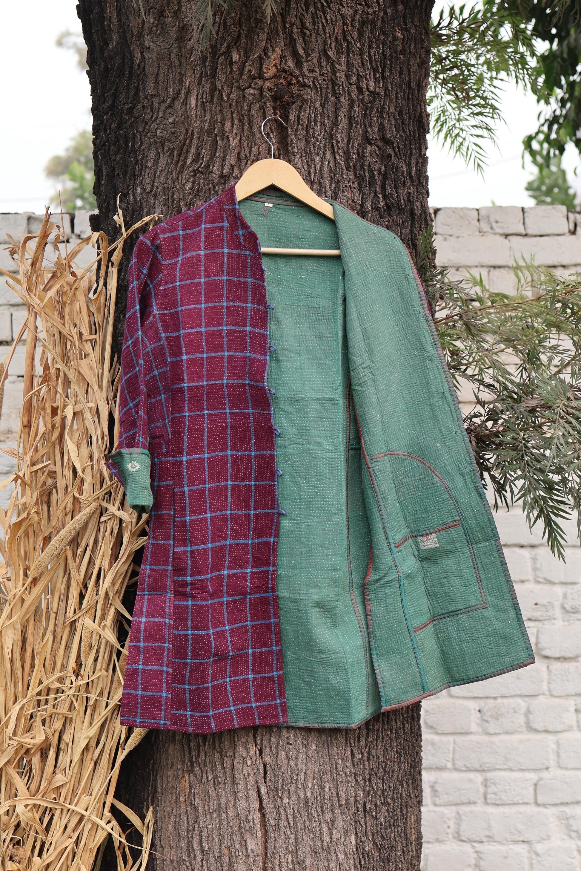 Handmade Vintage Kantha Quilt Coat for Women - Unique Bohemian Outerwear from Recycled Indian Quilts, One-off Ethnic style Up-Cycled Jacket