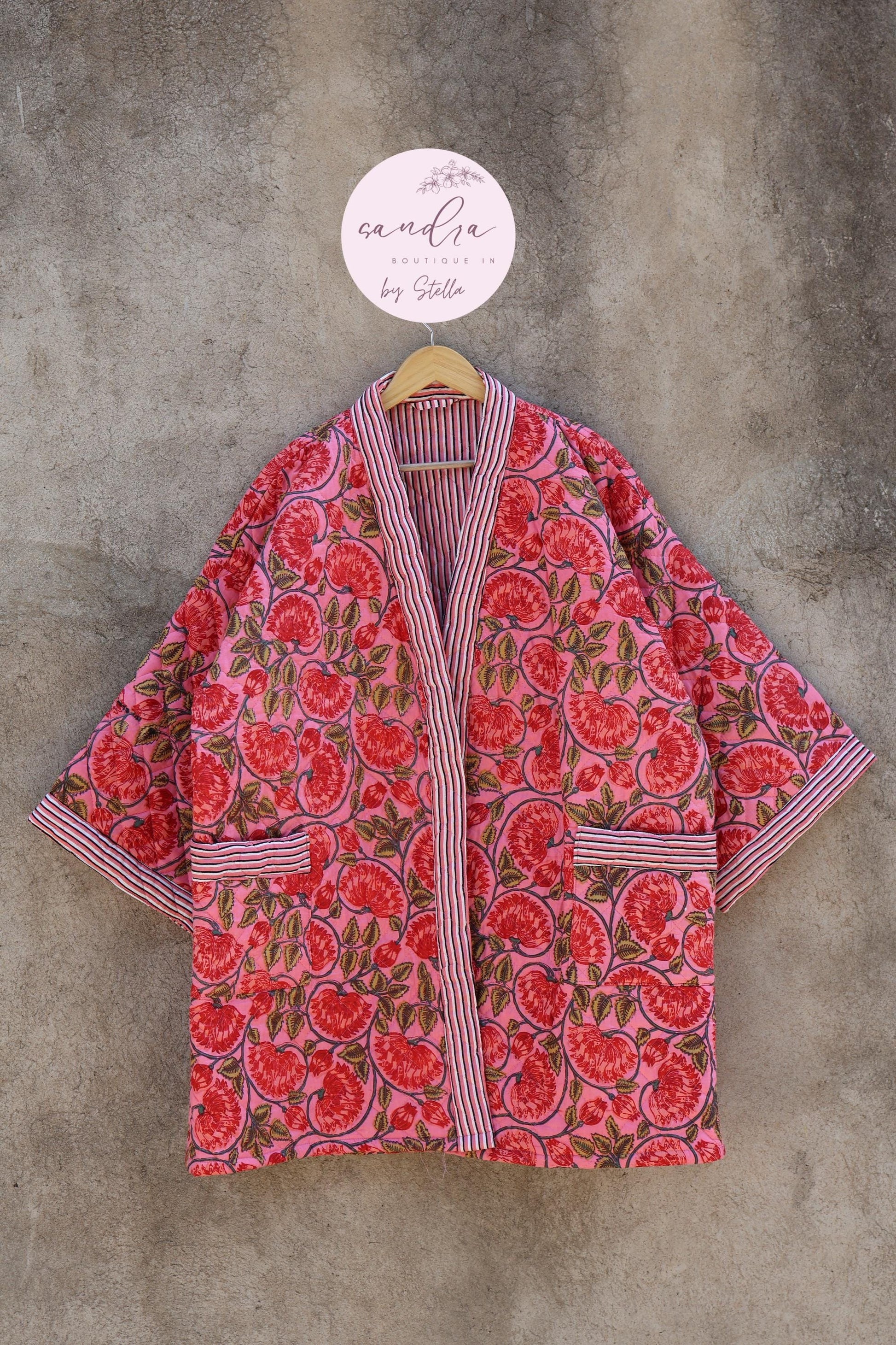 Indian Handmade Cotton Quilted Jacket, Vintage Free Size Cotton Quilted Overcoat Kimono Women's Bohemian Long Coat with Belt, Gift for Her