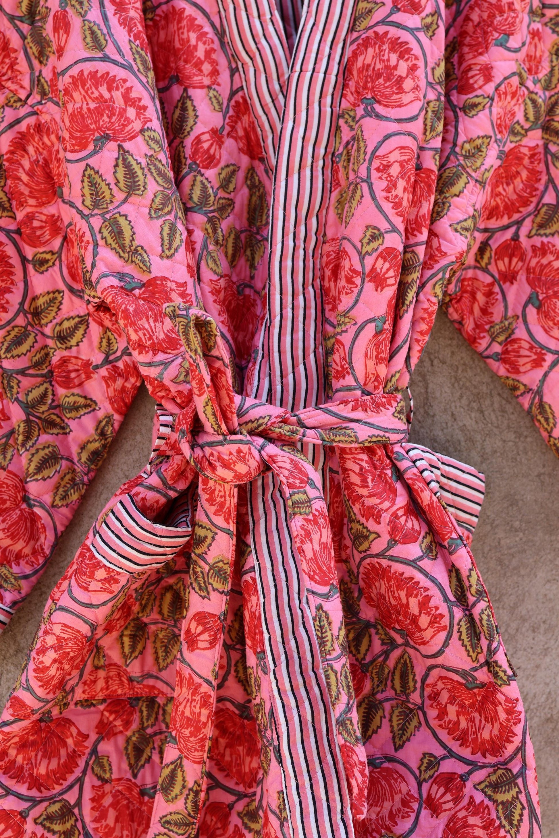Indian Handmade Cotton Quilted Jacket, Vintage Free Size Cotton Quilted Overcoat Kimono Women's Bohemian Long Coat with Belt, Gift for Her