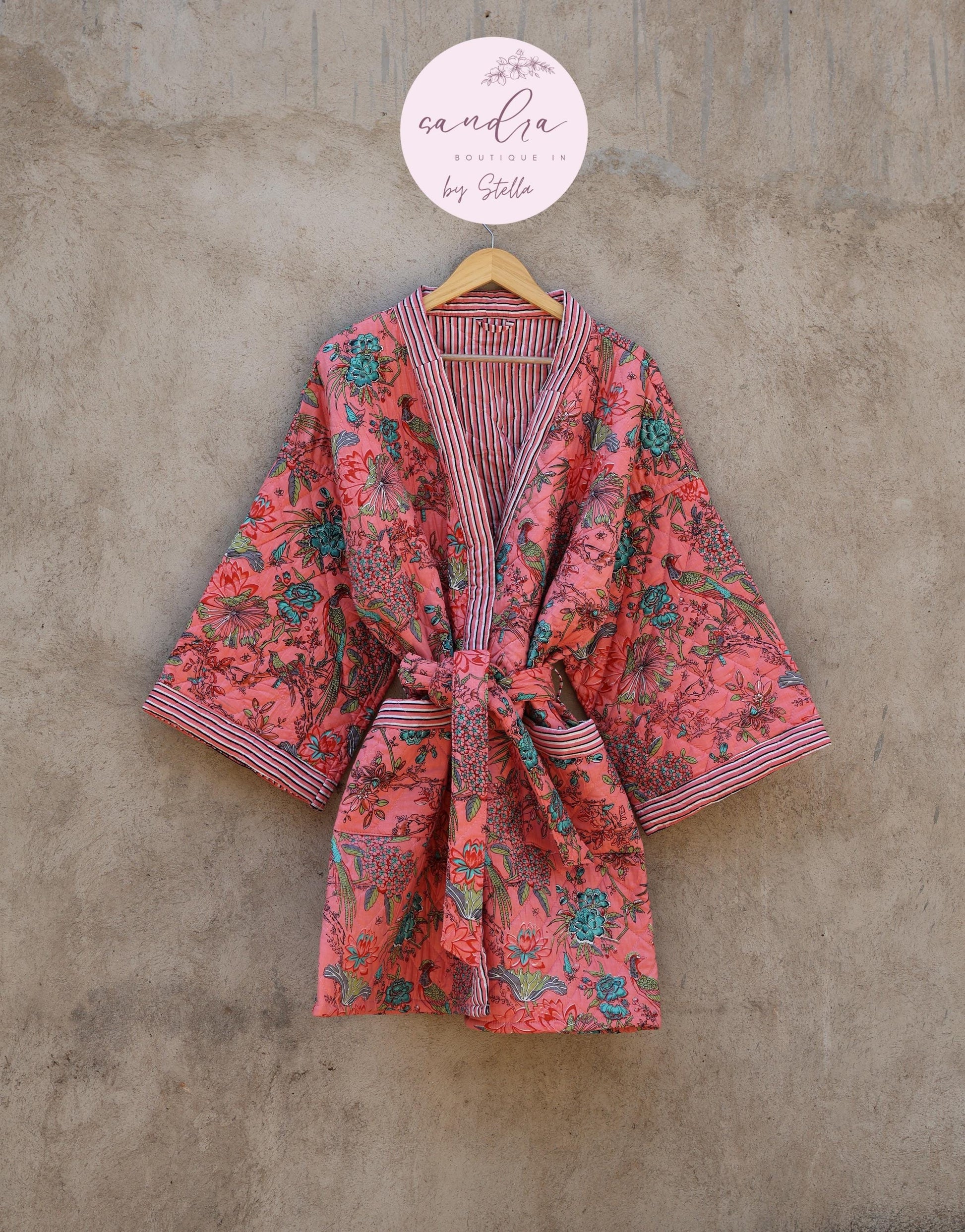 Indian Handmade Cotton Quilted Jacket, Vintage Free Size Cotton Quilted Overcoat Kimono Women's Bohemian Long Coat with Belt, Gift for Her