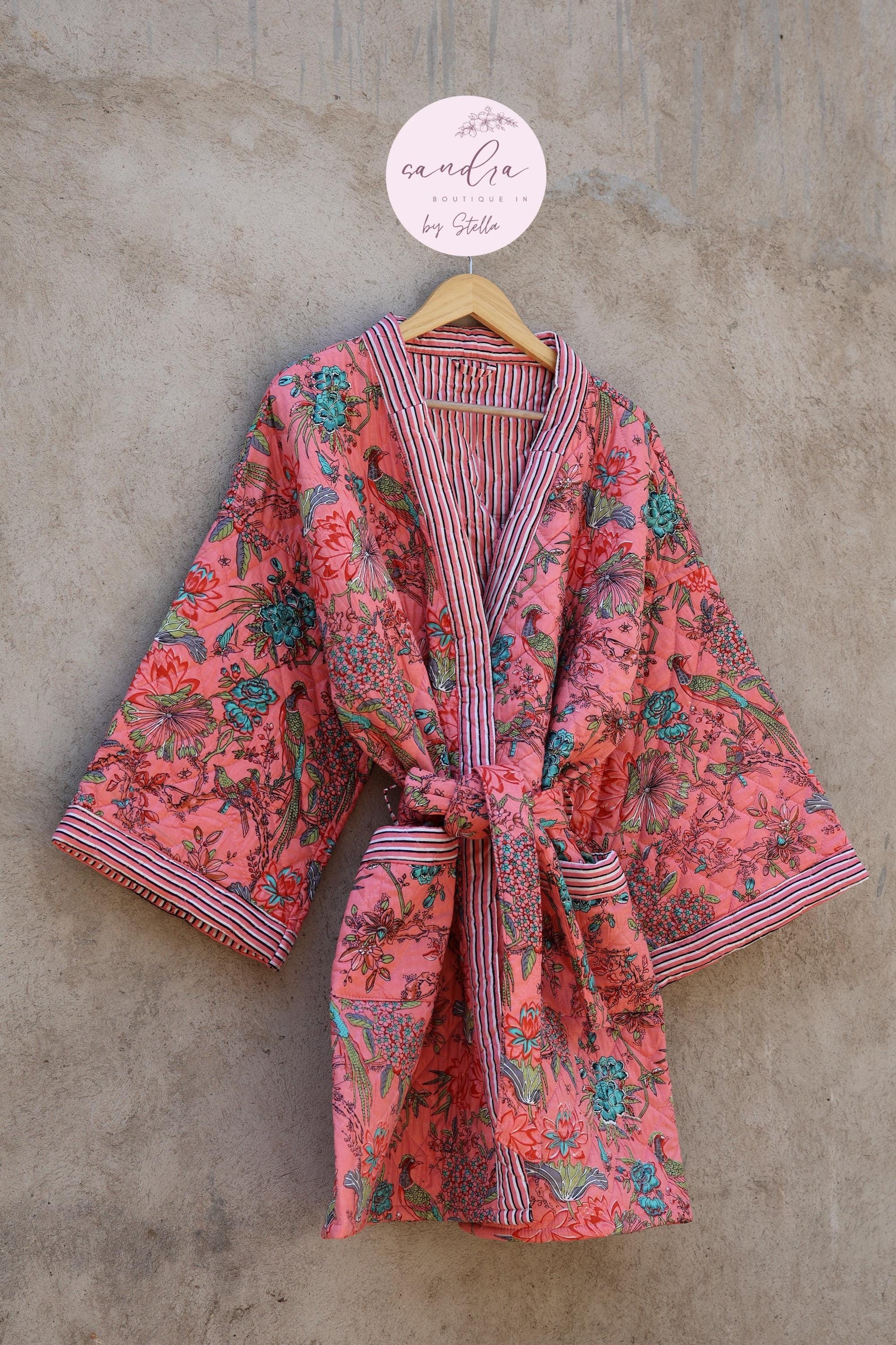 Indian Handmade Cotton Quilted Jacket, Vintage Free Size Cotton Quilted Overcoat Kimono Women's Bohemian Long Coat with Belt, Gift for Her