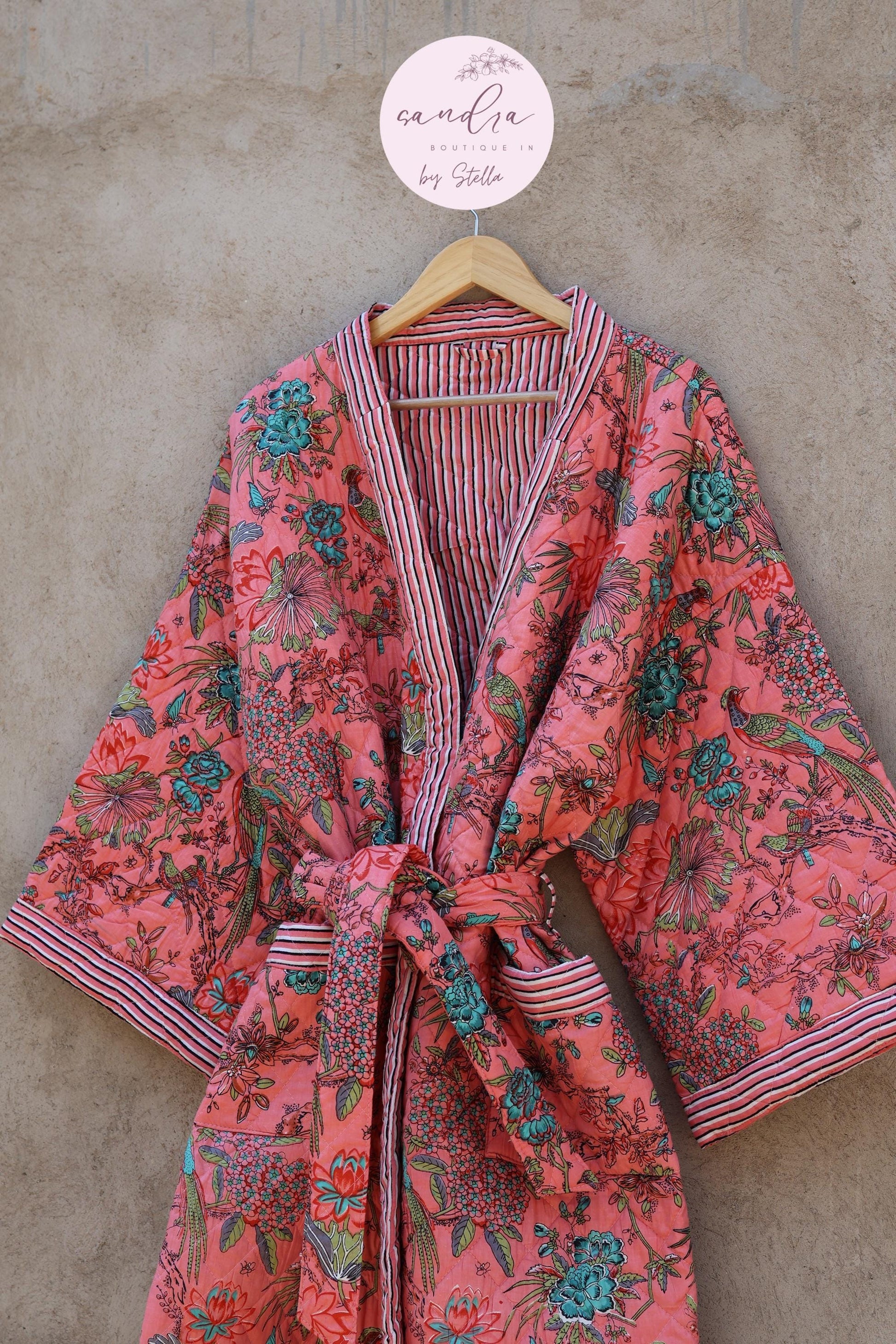 Indian Handmade Cotton Quilted Jacket, Vintage Free Size Cotton Quilted Overcoat Kimono Women's Bohemian Long Coat with Belt, Gift for Her