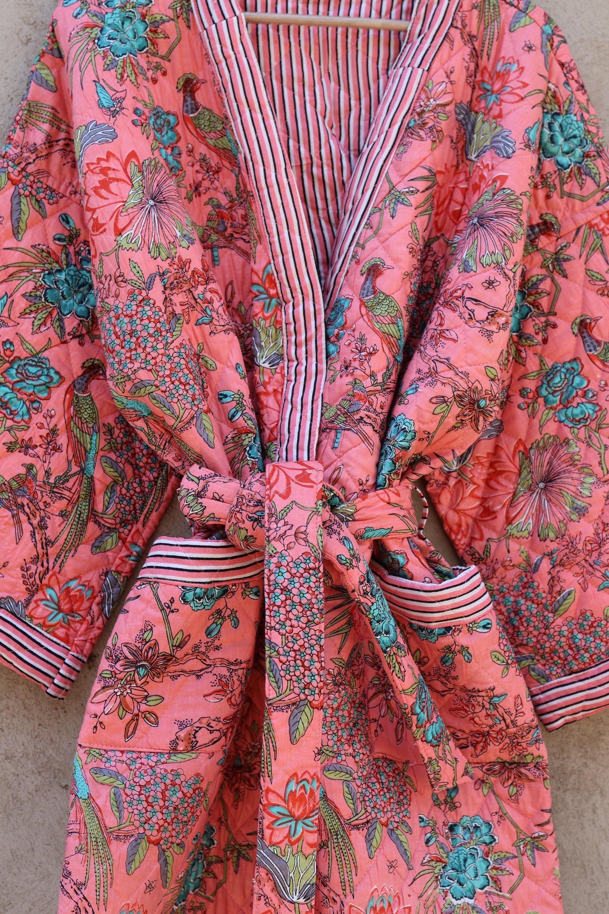 Indian Handmade Cotton Quilted Jacket, Vintage Free Size Cotton Quilted Overcoat Kimono Women's Bohemian Long Coat with Belt, Gift for Her