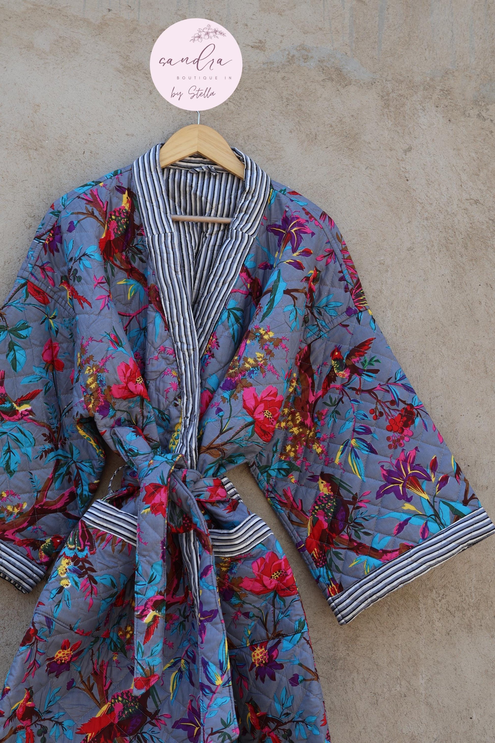Indian Handmade Cotton Quilted Jacket, Vintage Free Size Cotton Quilted Overcoat Kimono Women's Bohemian Long Coat with Belt, Gift for Her