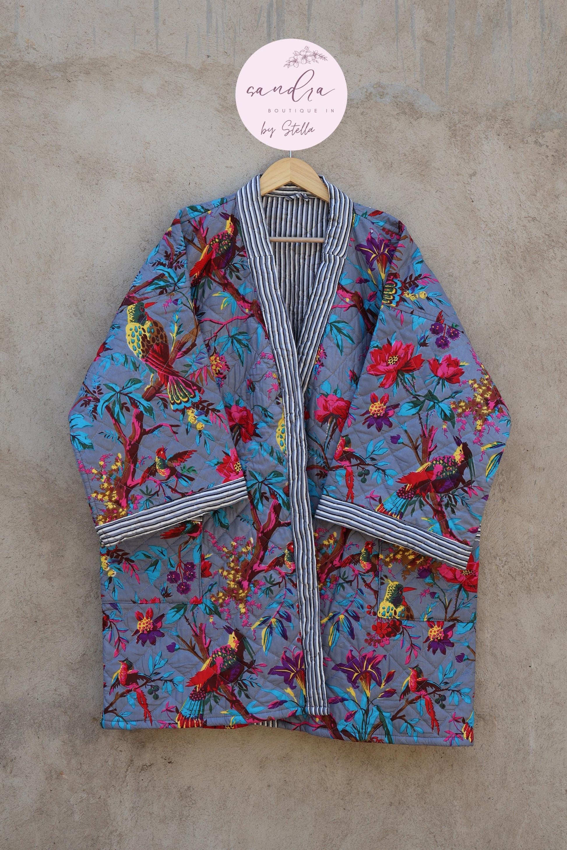 Indian Handmade Cotton Quilted Jacket, Vintage Free Size Cotton Quilted Overcoat Kimono Women's Bohemian Long Coat with Belt, Gift for Her