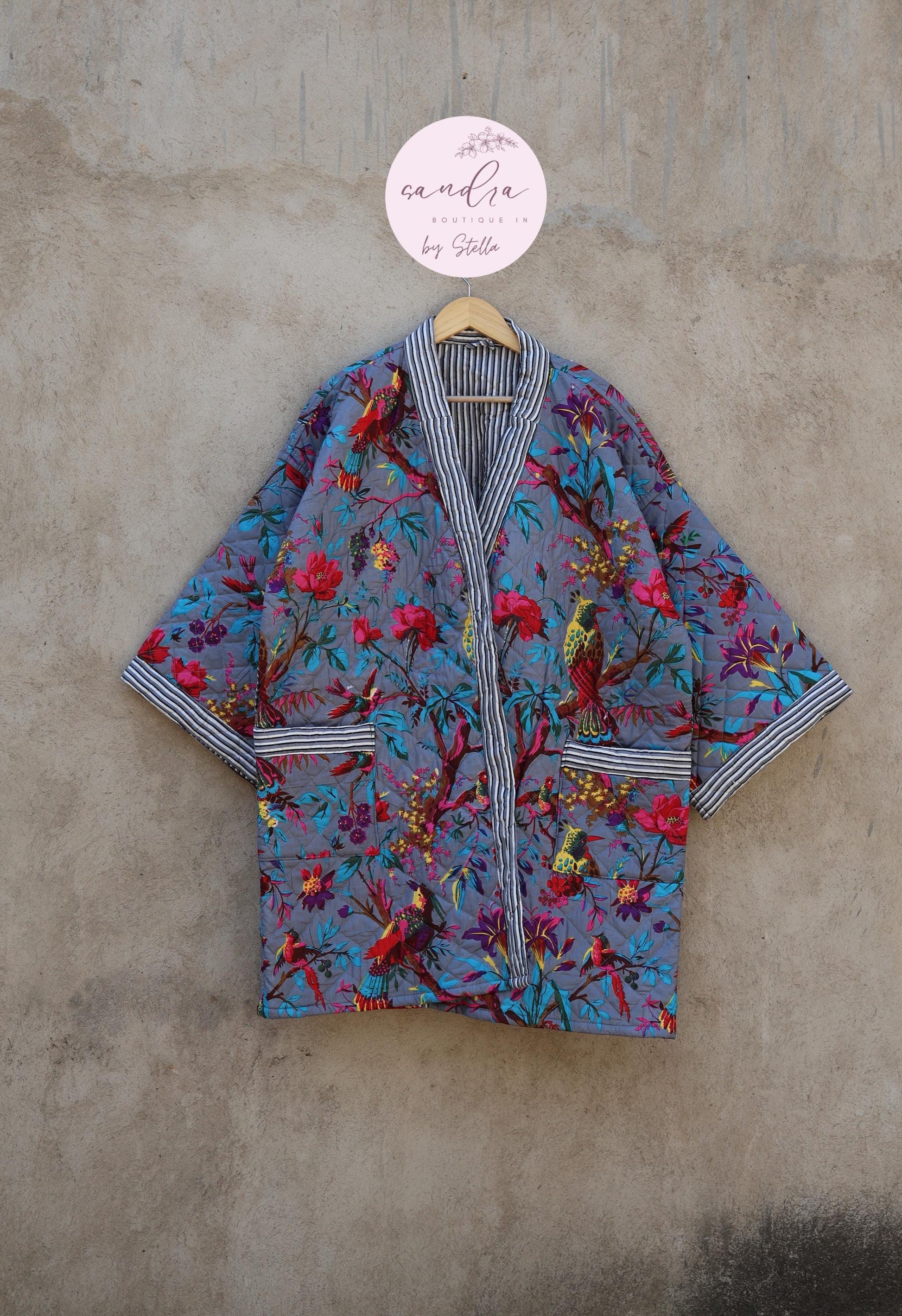 Indian Handmade Cotton Quilted Jacket, Vintage Free Size Cotton Quilted Overcoat Kimono Women's Bohemian Long Coat with Belt, Gift for Her