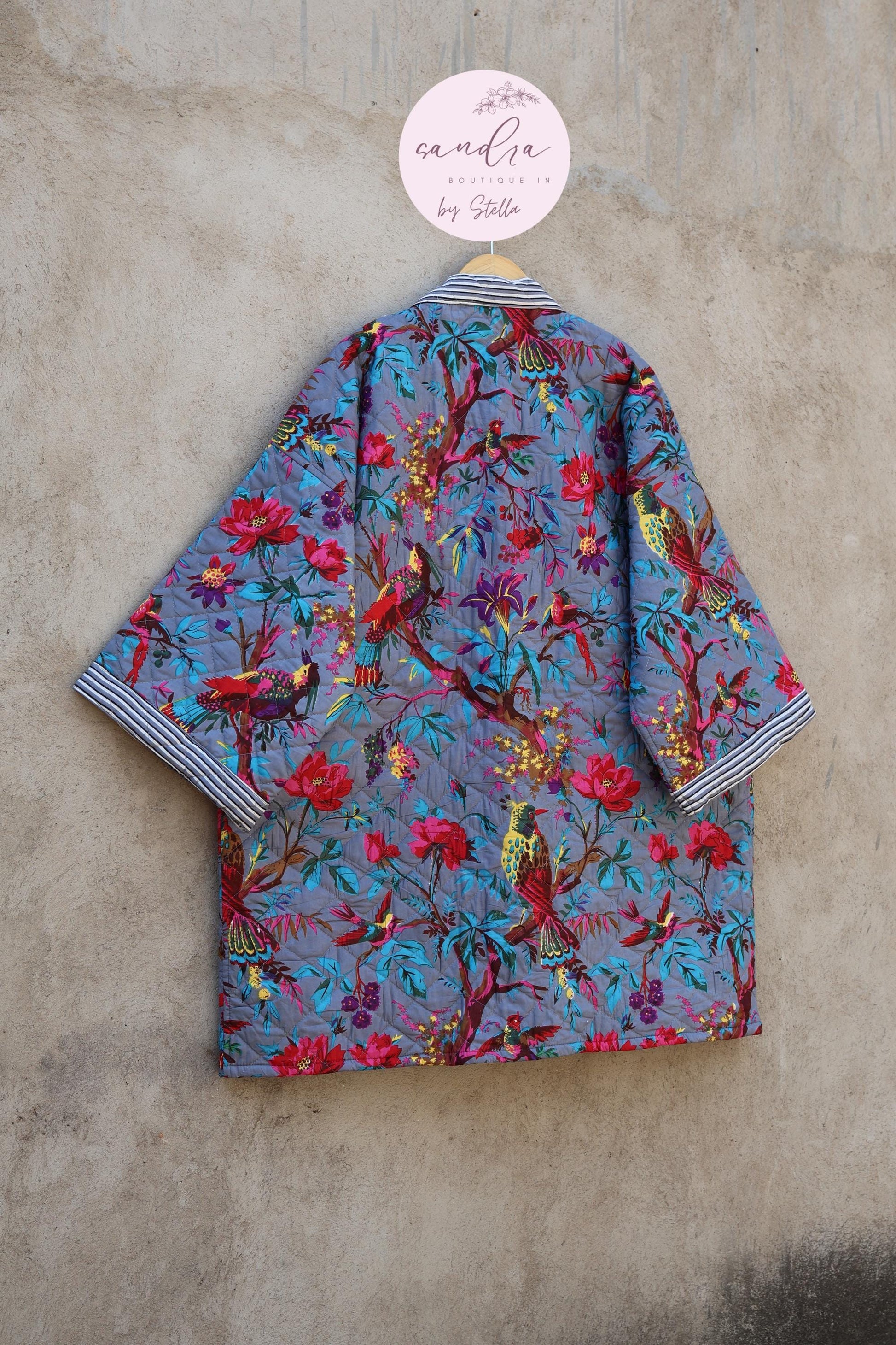 Indian Handmade Cotton Quilted Jacket, Vintage Free Size Cotton Quilted Overcoat Kimono Women's Bohemian Long Coat with Belt, Gift for Her
