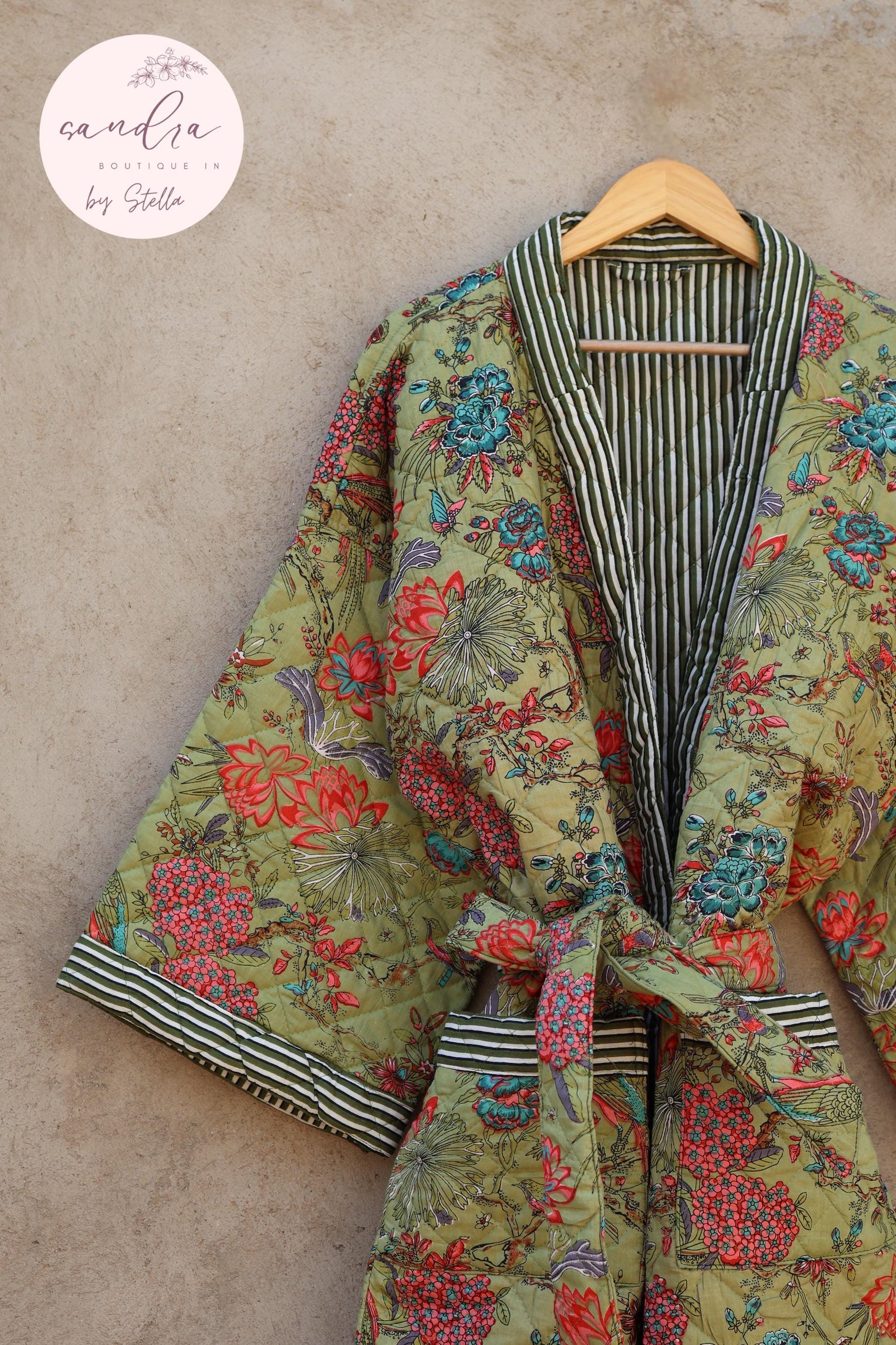Indian Handmade Cotton Quilted Jacket, Vintage Free Size Cotton Quilted Overcoat Kimono Women's Bohemian Long Coat with Belt, Gift for Her
