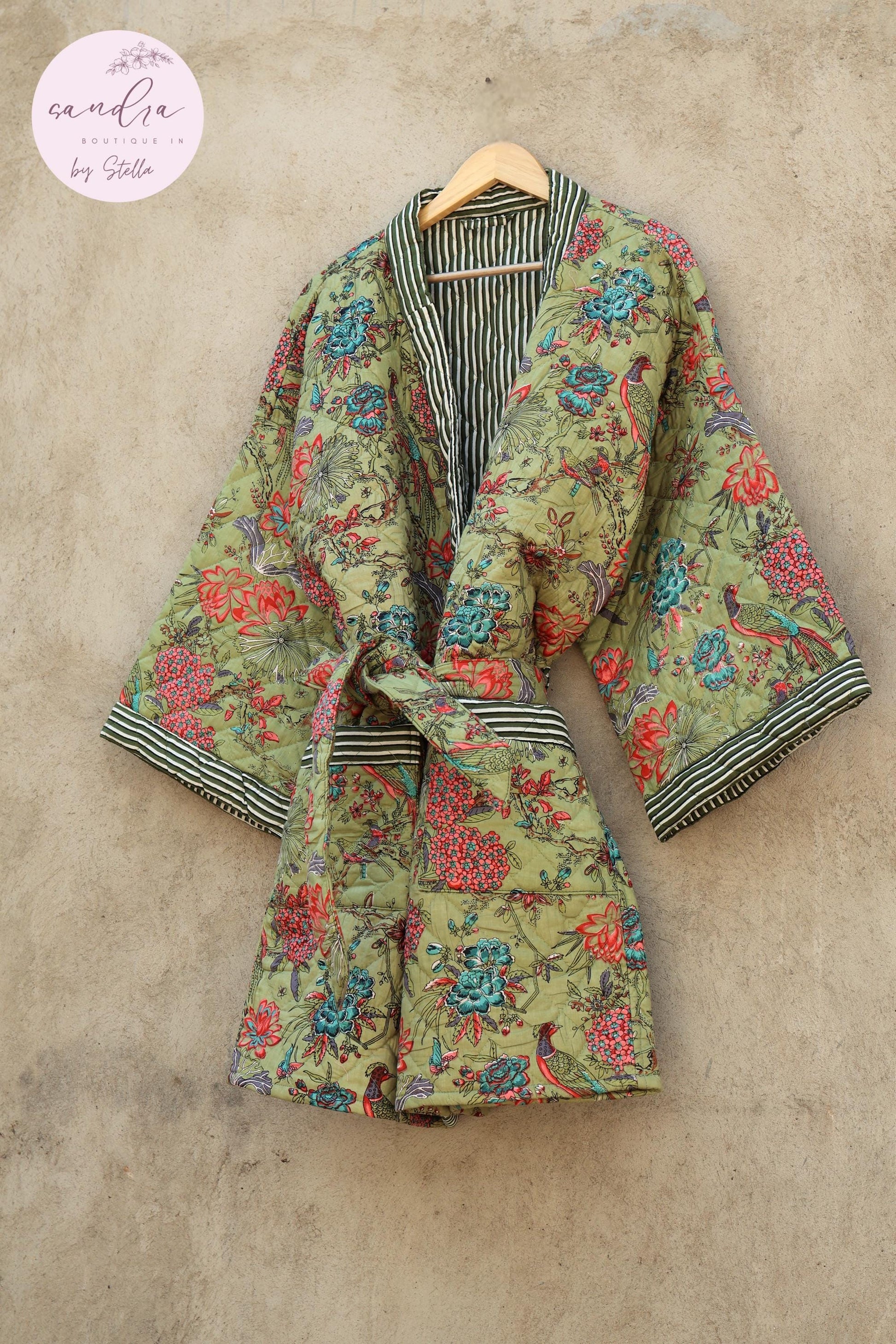 Indian Handmade Cotton Quilted Jacket, Vintage Free Size Cotton Quilted Overcoat Kimono Women's Bohemian Long Coat with Belt, Gift for Her