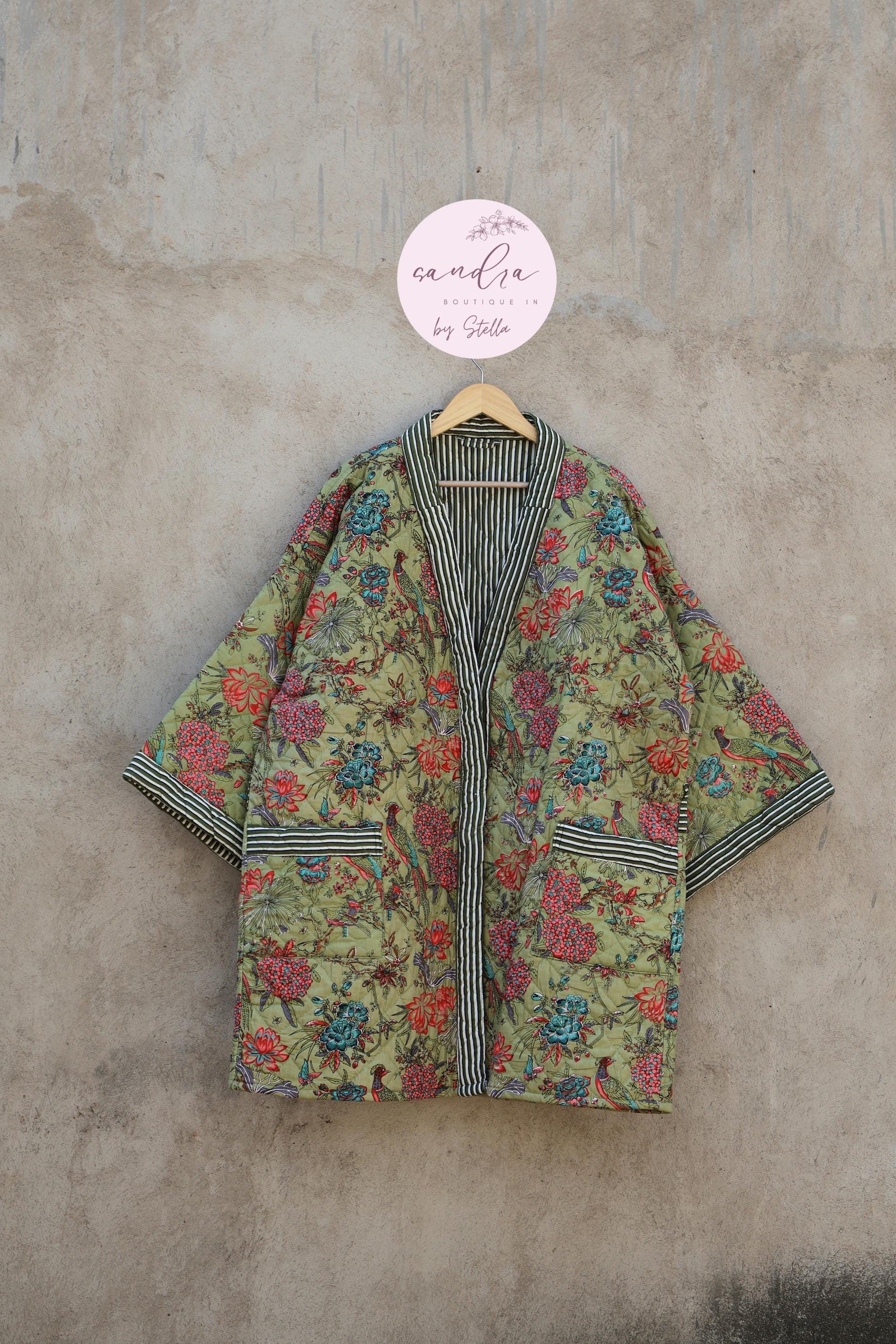 Indian Handmade Cotton Quilted Jacket, Vintage Free Size Cotton Quilted Overcoat Kimono Women's Bohemian Long Coat with Belt, Gift for Her