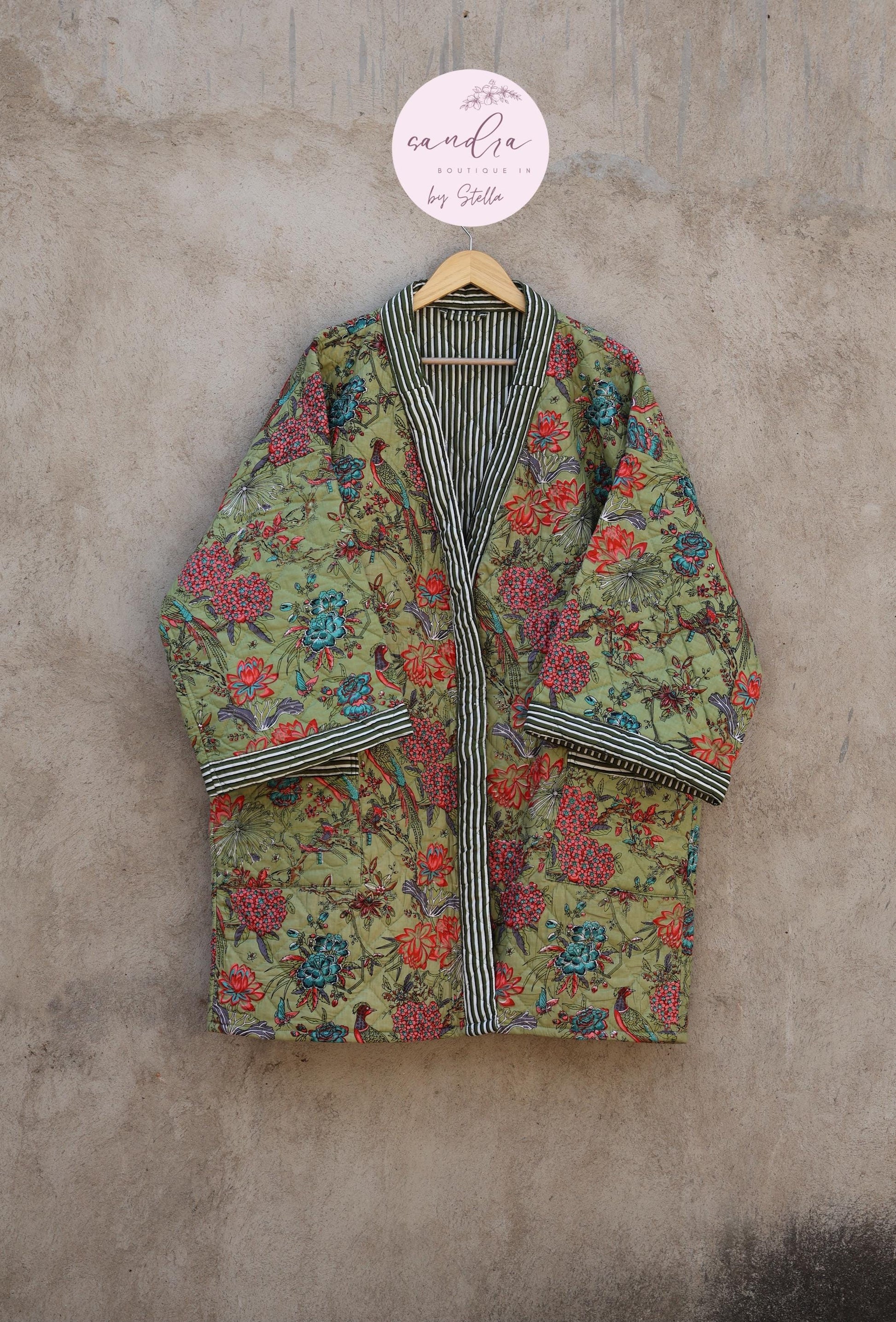 Indian Handmade Cotton Quilted Jacket, Vintage Free Size Cotton Quilted Overcoat Kimono Women's Bohemian Long Coat with Belt, Gift for Her