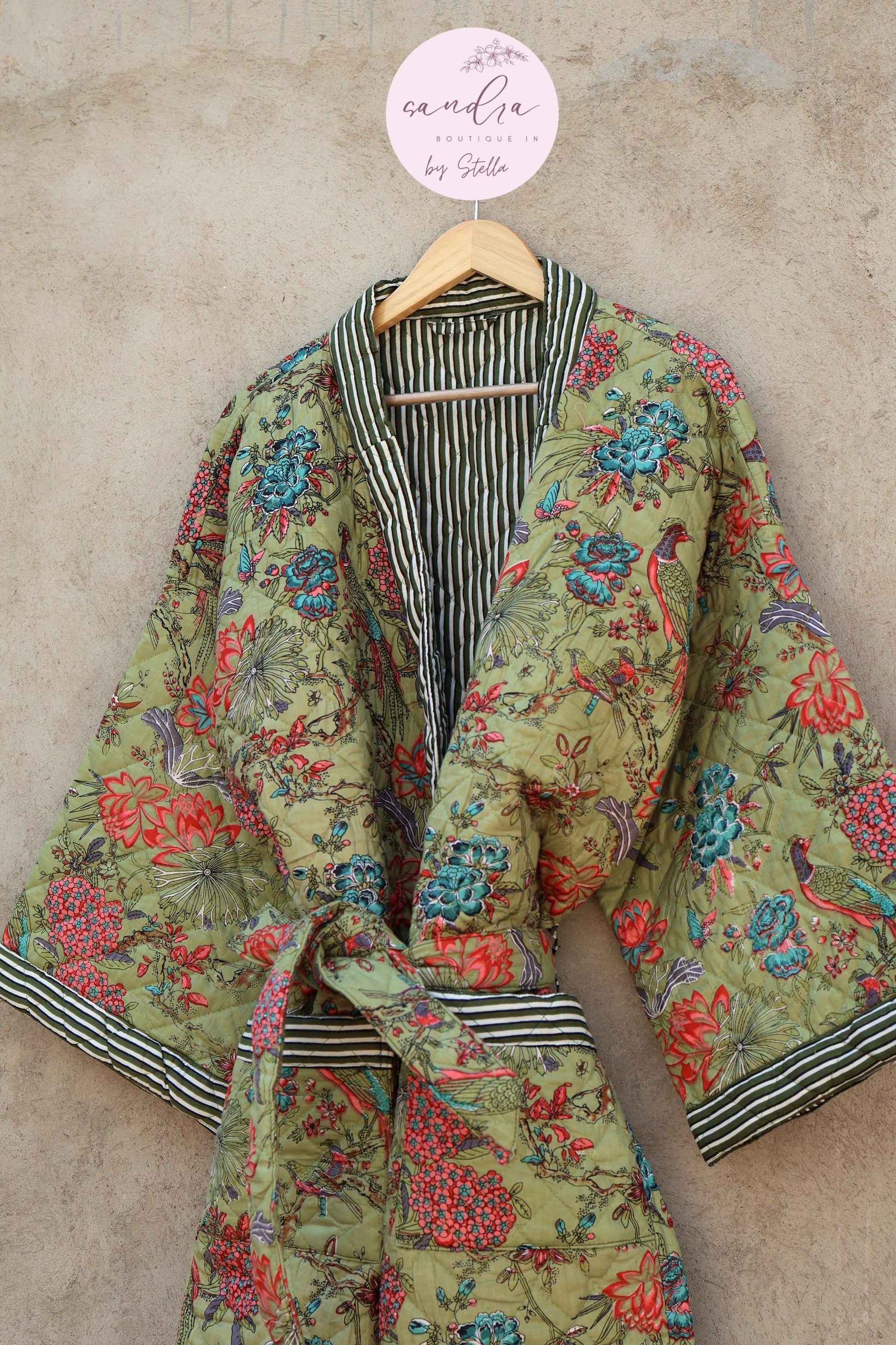 Indian Handmade Cotton Quilted Jacket, Vintage Free Size Cotton Quilted Overcoat Kimono Women's Bohemian Long Coat with Belt, Gift for Her