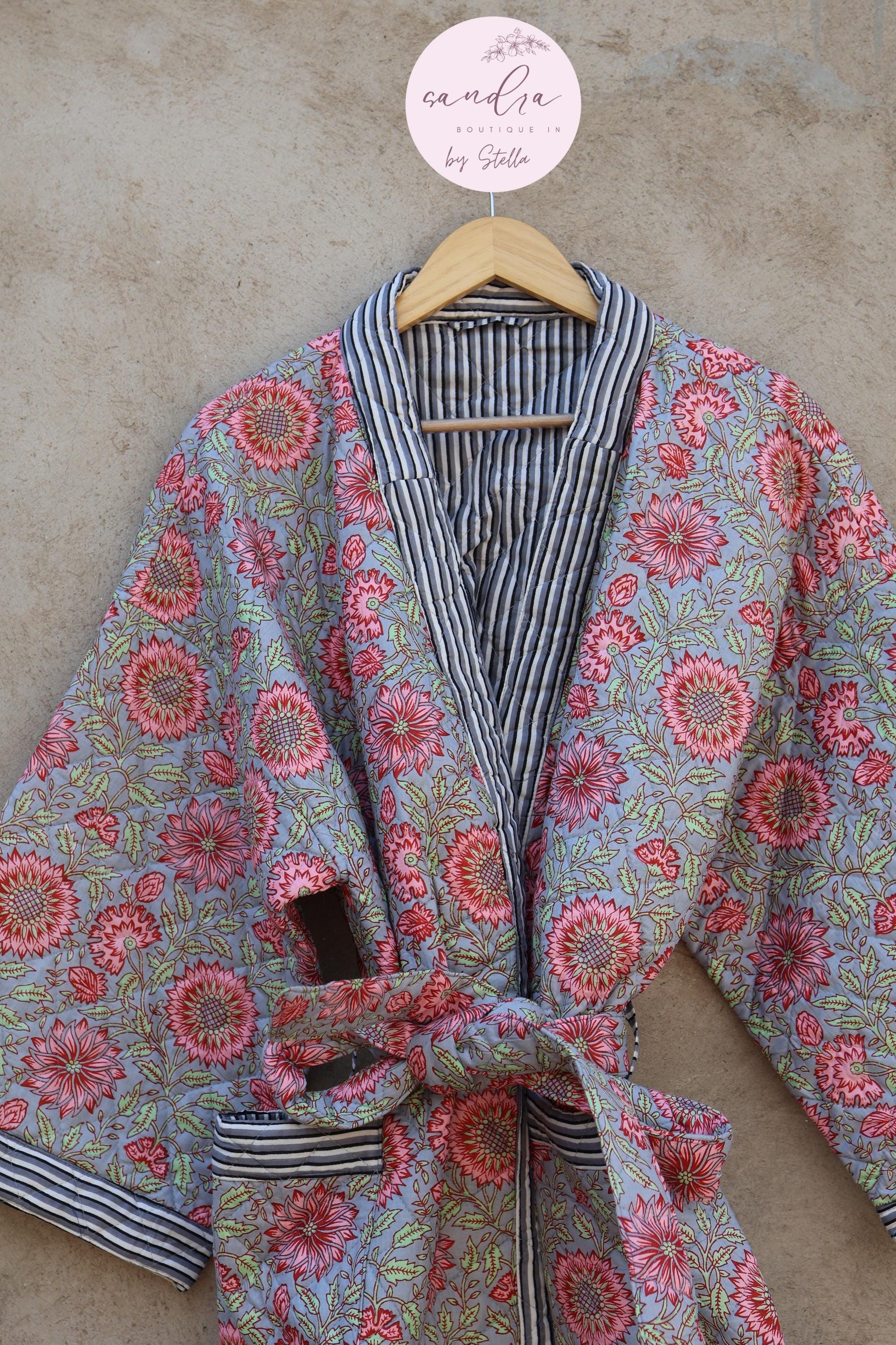 Indian Handmade Cotton Quilted Jacket, Vintage Free Size Cotton Quilted Overcoat Kimono Women's Bohemian Long Coat with Belt, Gift for Her