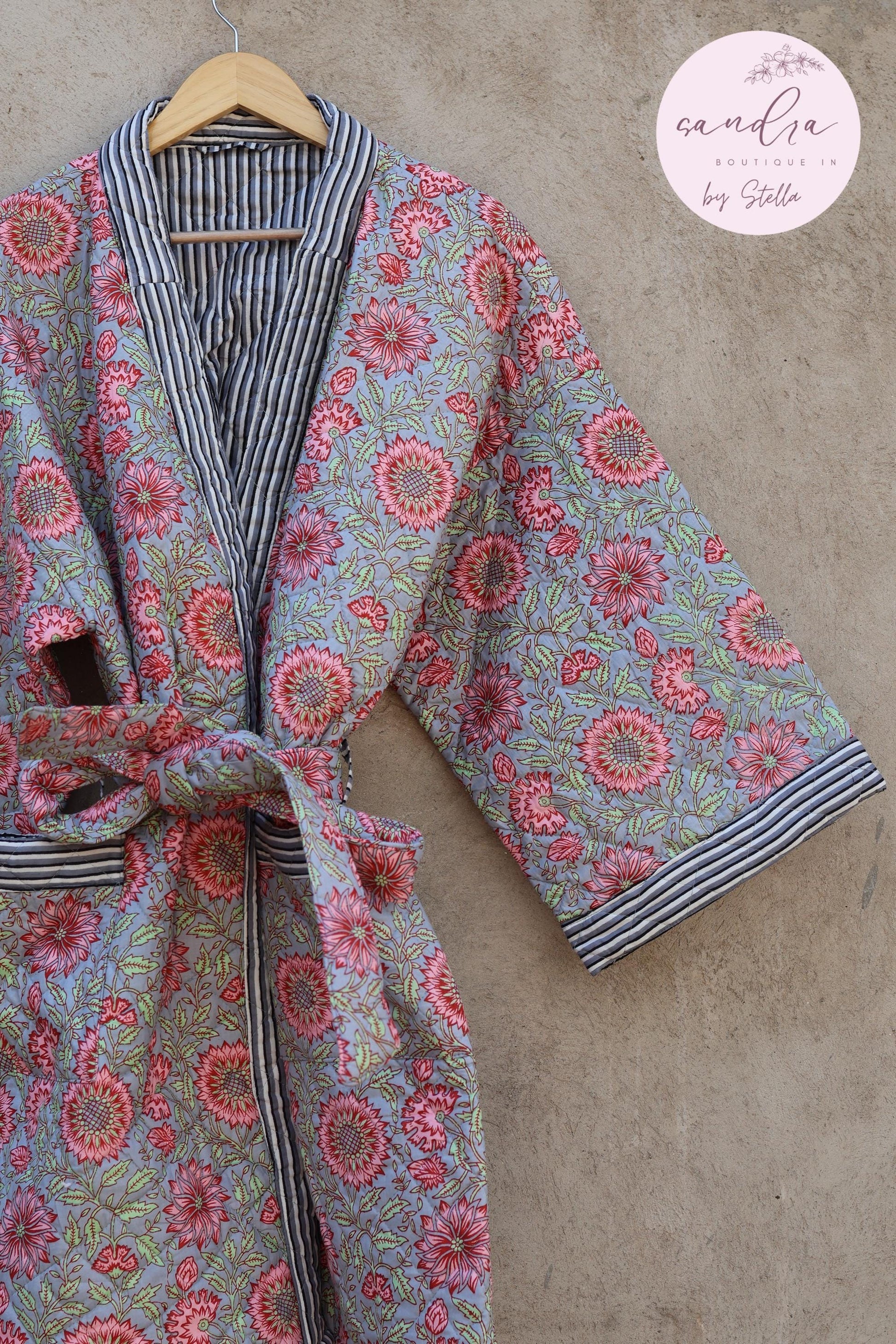 Indian Handmade Cotton Quilted Jacket, Vintage Free Size Cotton Quilted Overcoat Kimono Women's Bohemian Long Coat with Belt, Gift for Her