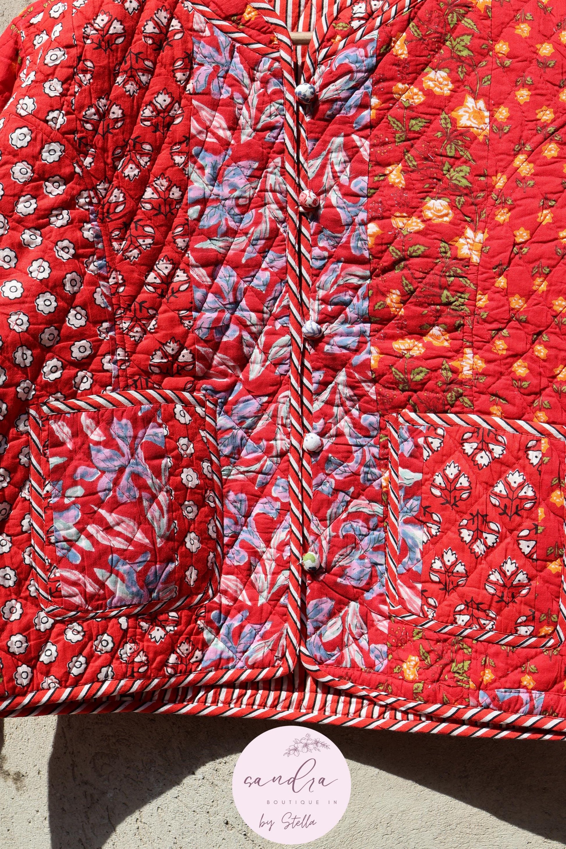 Indian Handmade Quilted Cotton Jacket, Red Patchwork Women's Reversible Coat, Kimono Vintage Boho Fall Jacket, Spring Jacket Gift for Her