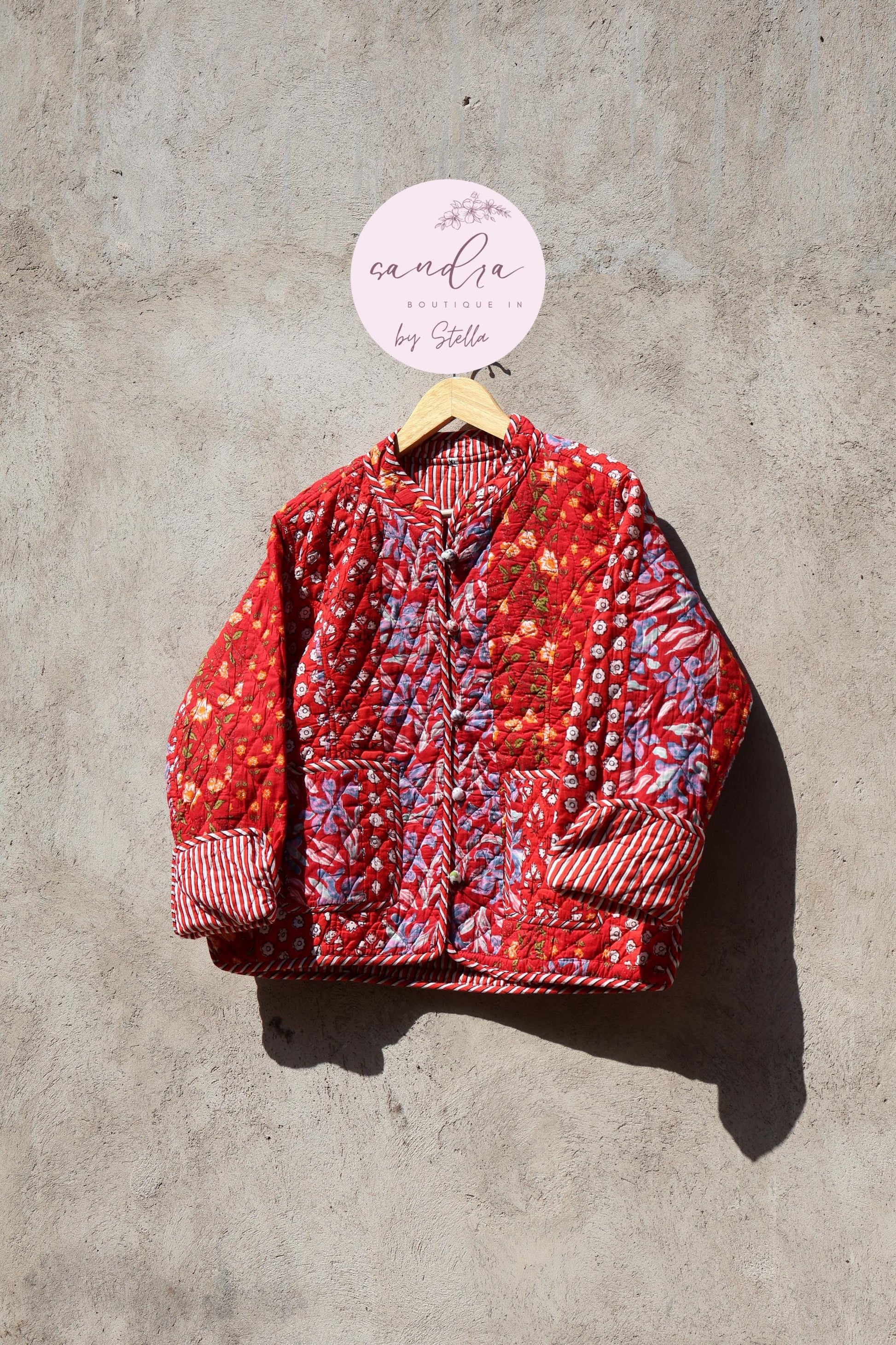 Indian Handmade Quilted Cotton Jacket, Red Patchwork Women's Reversible Coat, Kimono Vintage Boho Fall Jacket, Spring Jacket Gift for Her