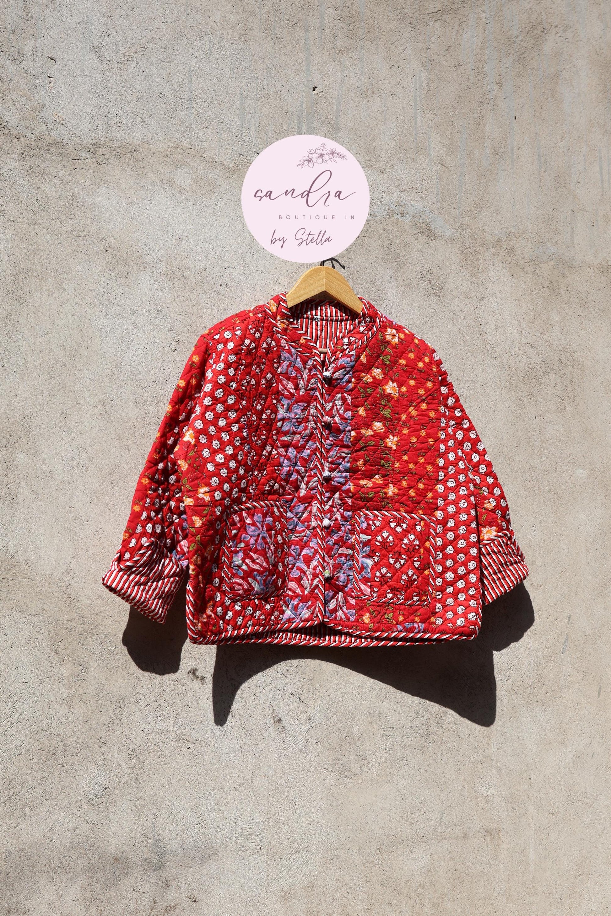 Indian Handmade Quilted Cotton Jacket, Red Patchwork Women's Reversible Coat, Kimono Vintage Boho Fall Jacket, Spring Jacket Gift for Her