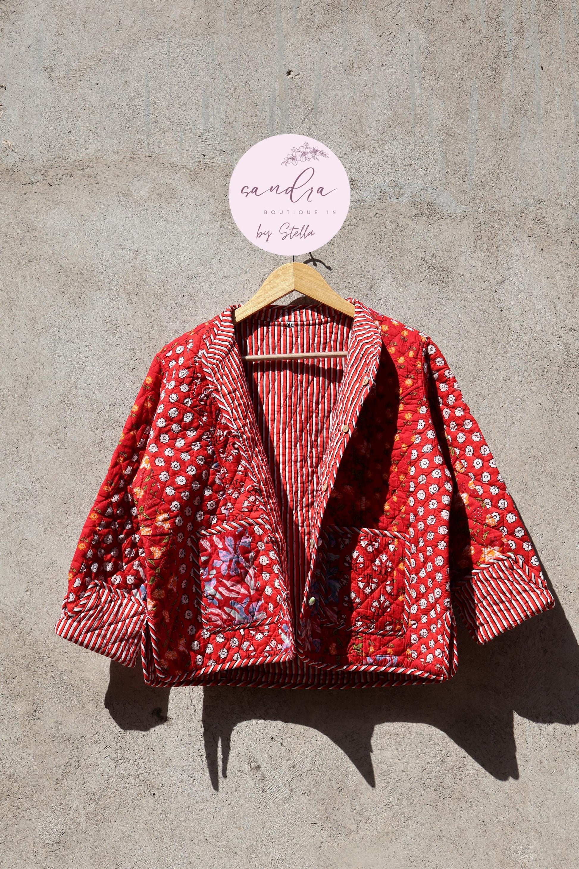 Indian Handmade Quilted Cotton Jacket, Red Patchwork Women's Reversible Coat, Kimono Vintage Boho Fall Jacket, Spring Jacket Gift for Her