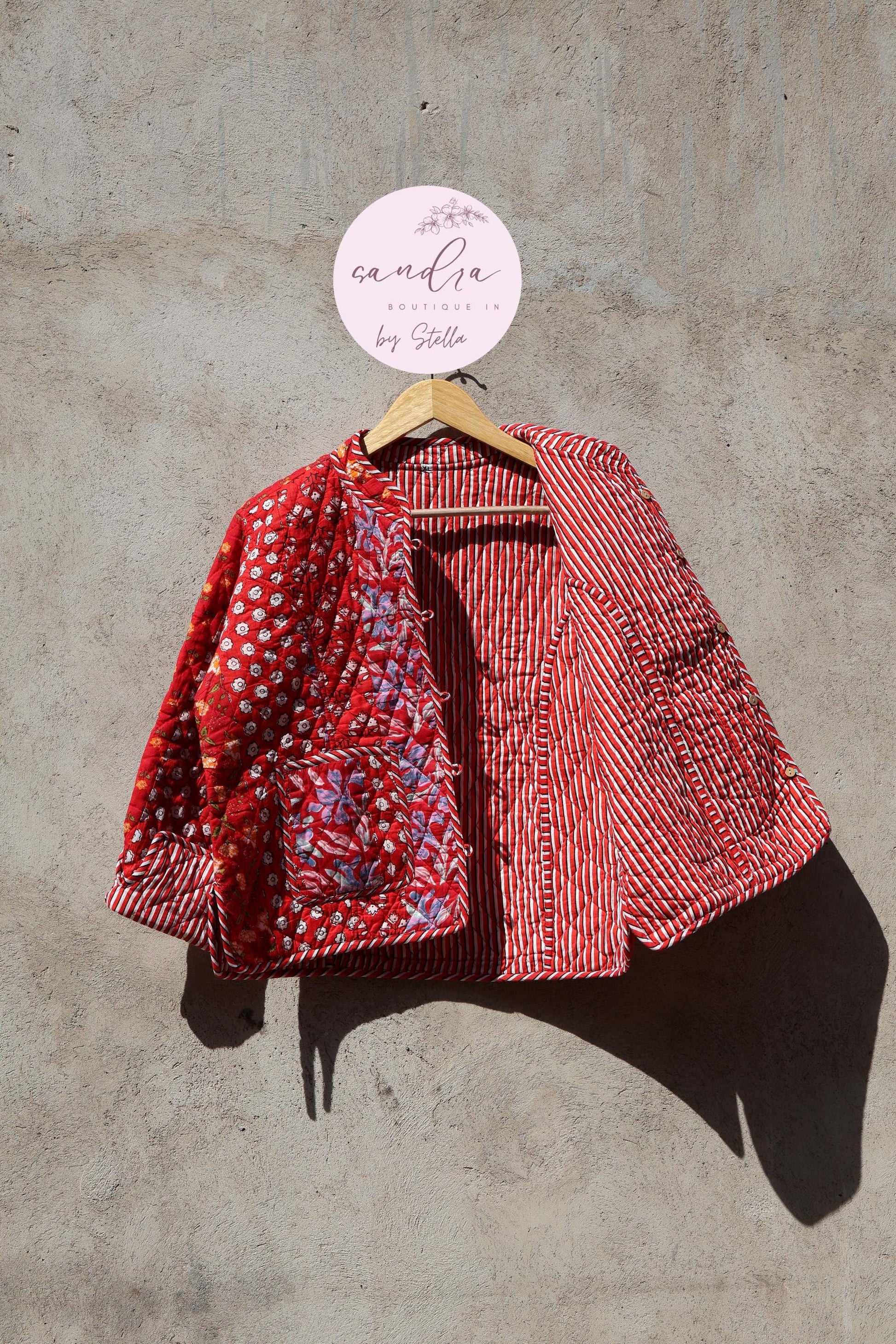 Indian Handmade Quilted Cotton Jacket, Red Patchwork Women's Reversible Coat, Kimono Vintage Boho Fall Jacket, Spring Jacket Gift for Her