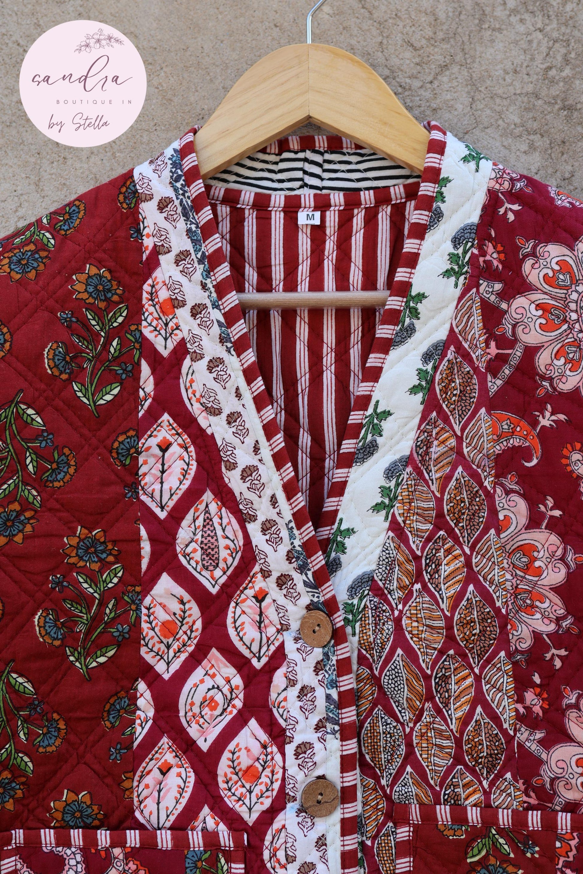 Cotton Quilted Jacket V-Neck New Style Kantha Jacket Hand Block Print Floral Indian Women's Clothing Coat, Boho Spring Jacket Gift for Her