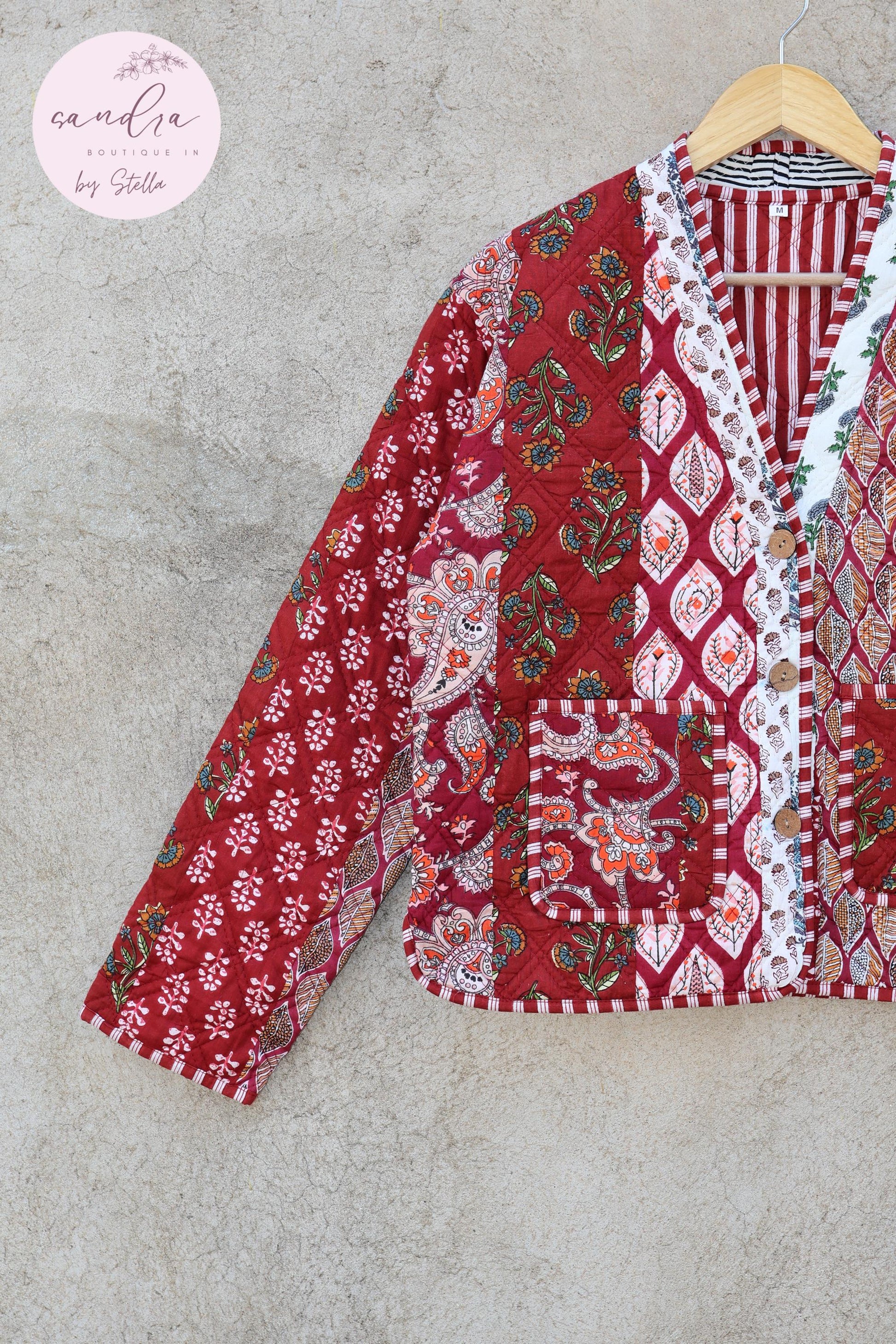 Cotton Quilted Jacket V-Neck New Style Kantha Jacket Hand Block Print Floral Indian Women's Clothing Coat, Boho Spring Jacket Gift for Her