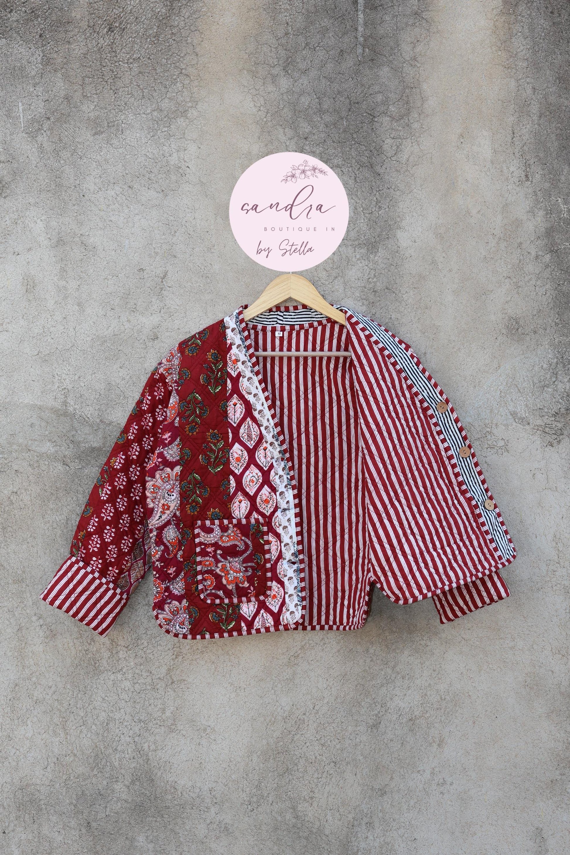 Cotton Quilted Jacket V-Neck New Style Kantha Jacket Hand Block Print Floral Indian Women's Clothing Coat, Boho Spring Jacket Gift for Her