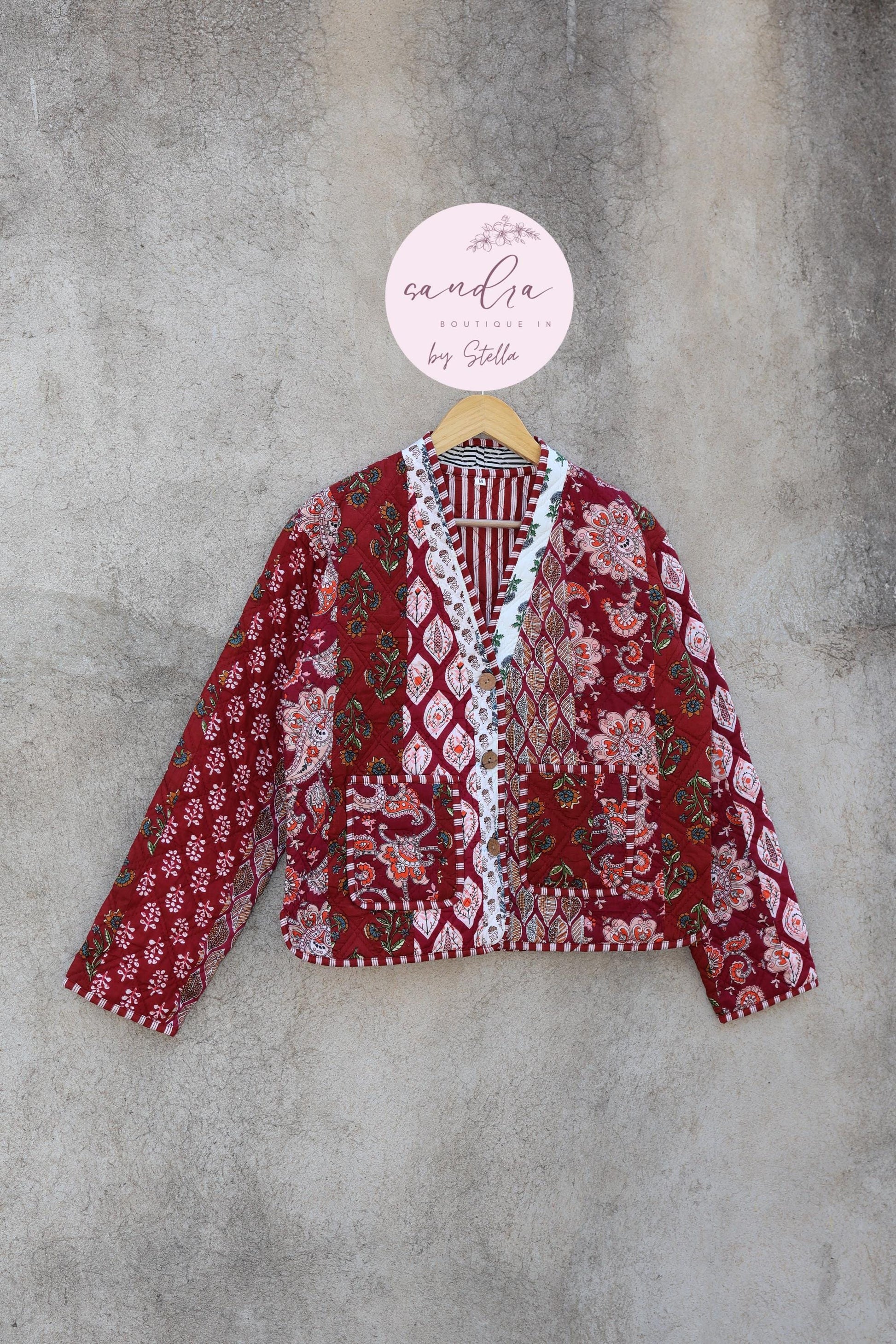 Cotton Quilted Jacket V-Neck New Style Kantha Jacket Hand Block Print Floral Indian Women's Clothing Coat, Boho Spring Jacket Gift for Her