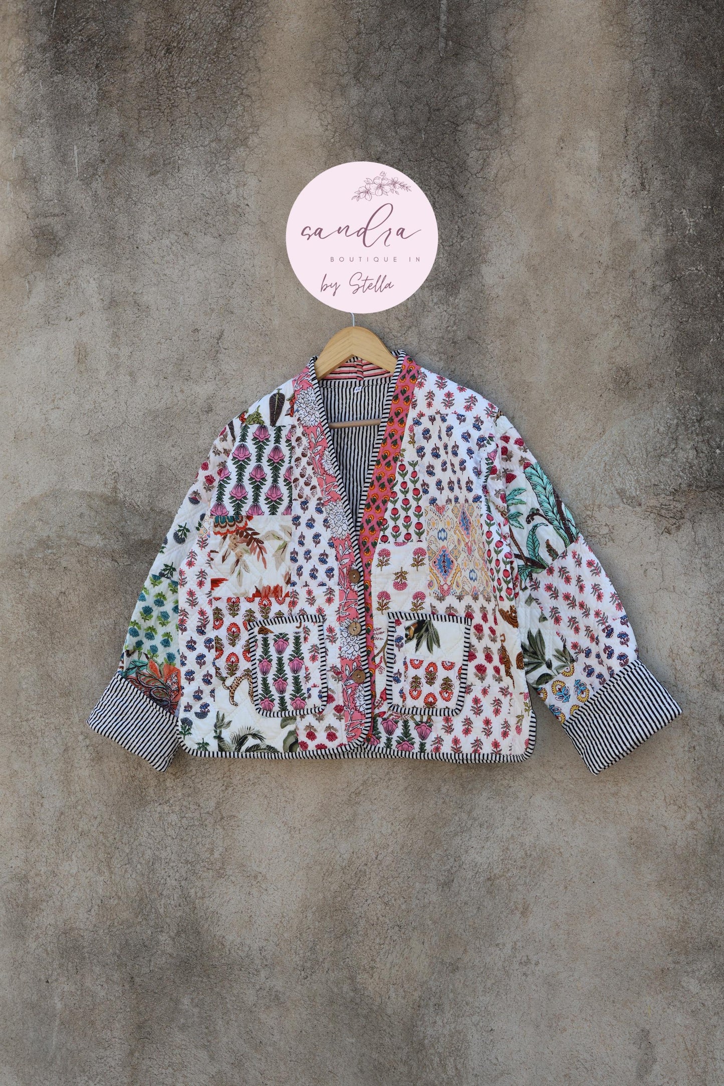 Cotton Quilted Jacket V-Neck New Style Kantha Jacket Hand Block Print Floral Indian Women's Clothing Coat, Boho Spring Jacket Gift for Her