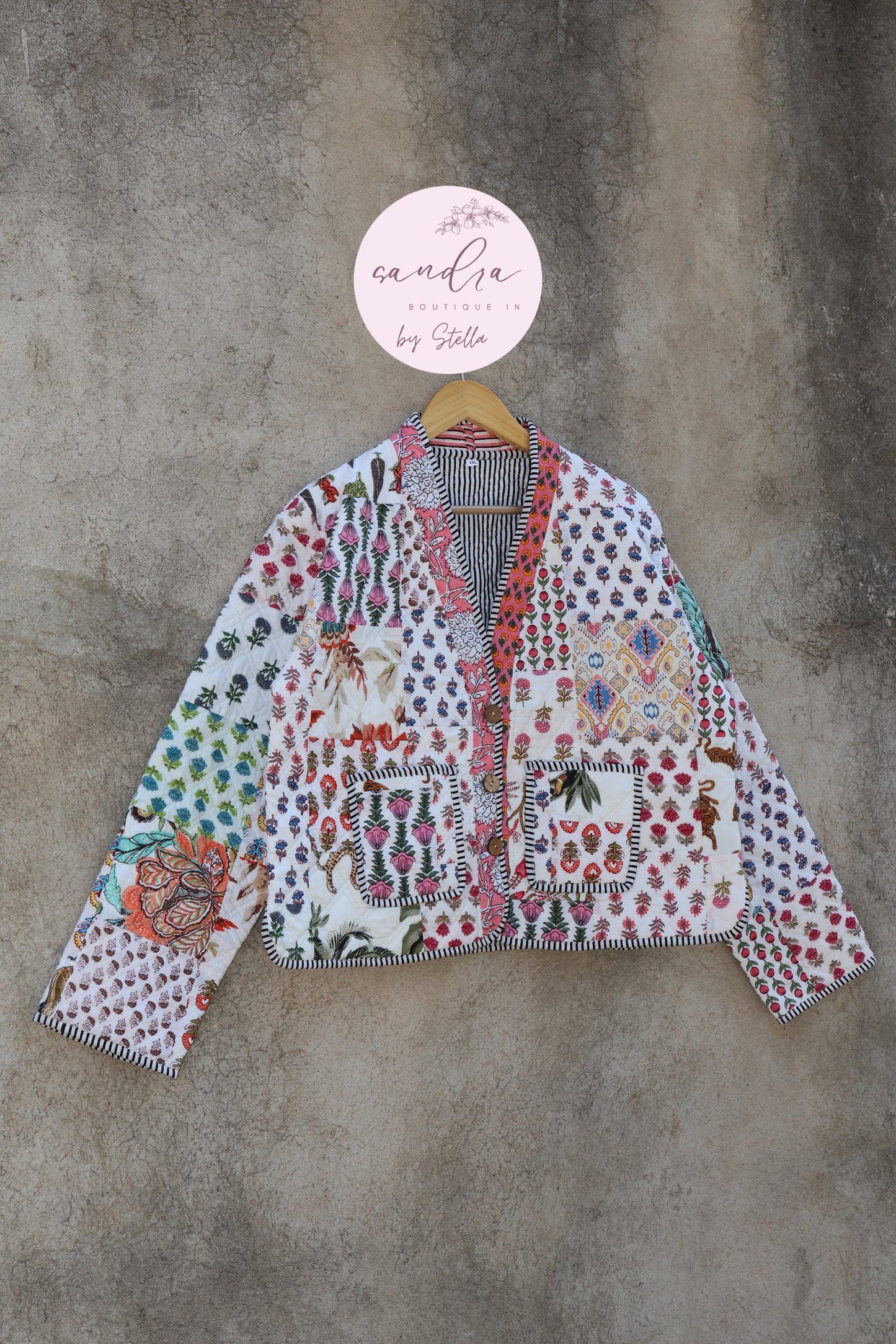 Cotton Quilted Jacket V-Neck New Style Kantha Jacket Hand Block Print Floral Indian Women's Clothing Coat, Boho Spring Jacket Gift for Her