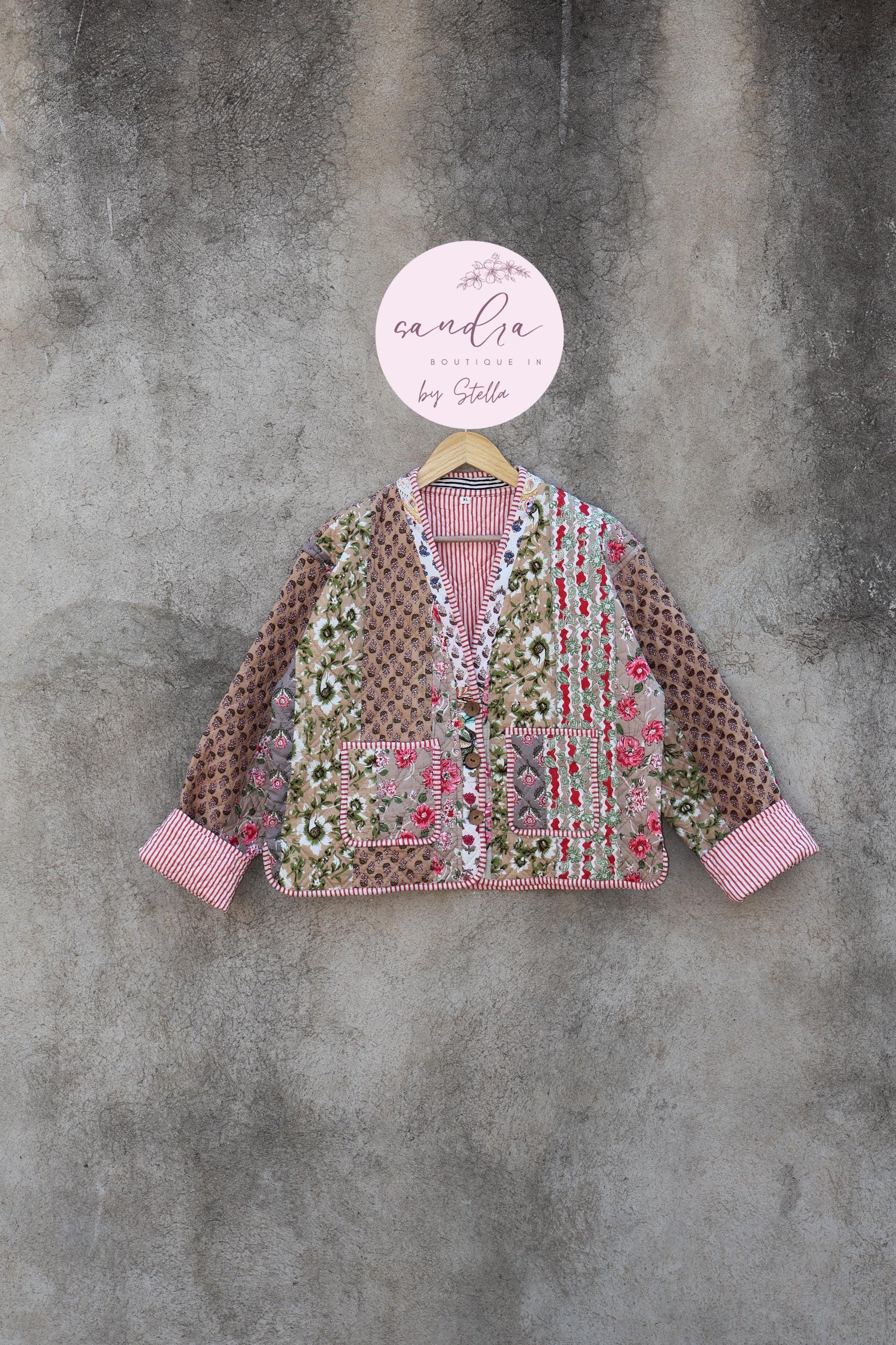 Cotton Quilted Jacket V-Neck New Style Kantha Jacket Hand Block Print Floral Indian Women's Clothing Coat, Boho Spring Jacket Gift for Her