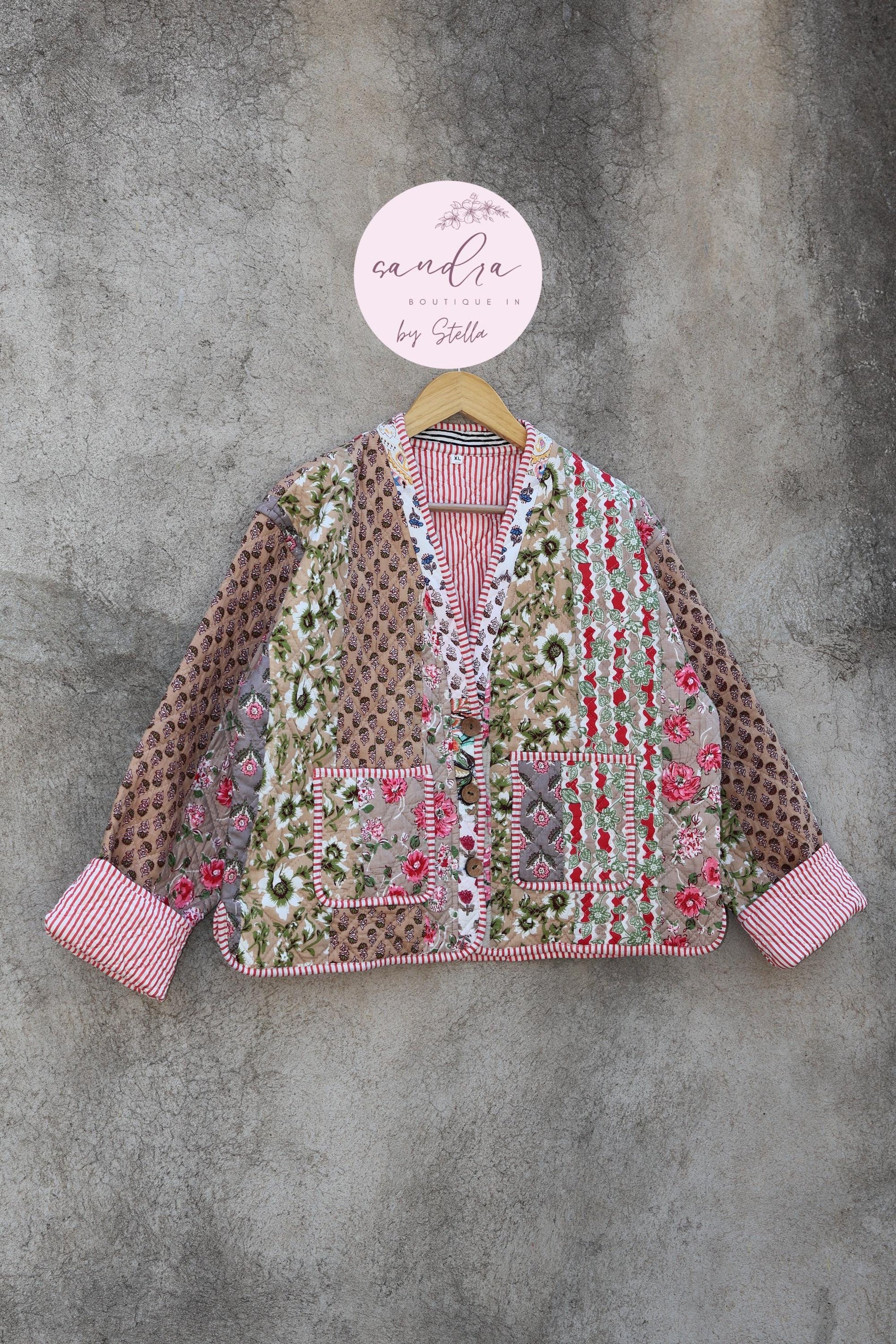 Cotton Quilted Jacket V-Neck New Style Kantha Jacket Hand Block Print Floral Indian Women's Clothing Coat, Boho Spring Jacket Gift for Her