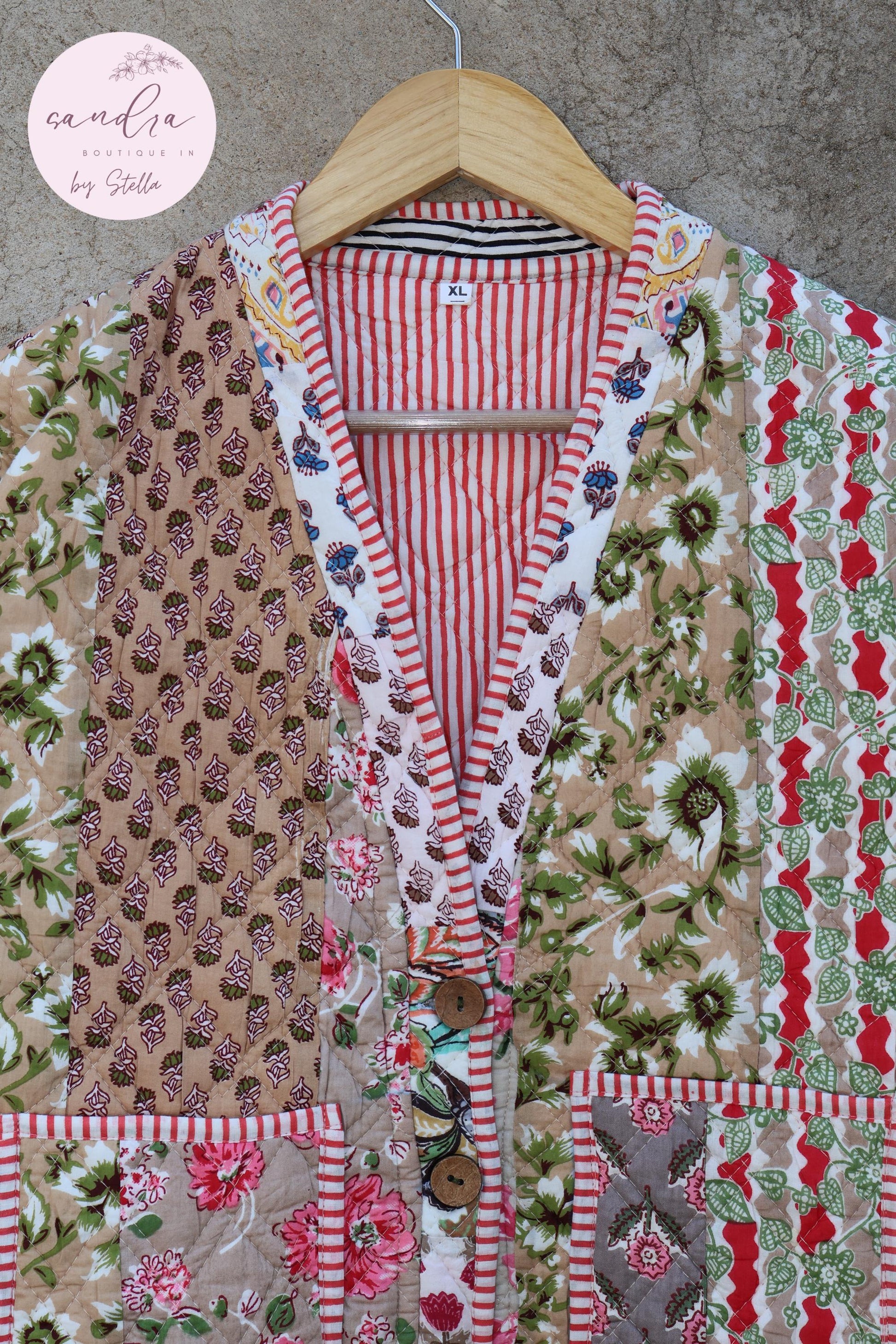 Cotton Quilted Jacket V-Neck New Style Kantha Jacket Hand Block Print Floral Indian Women's Clothing Coat, Boho Spring Jacket Gift for Her