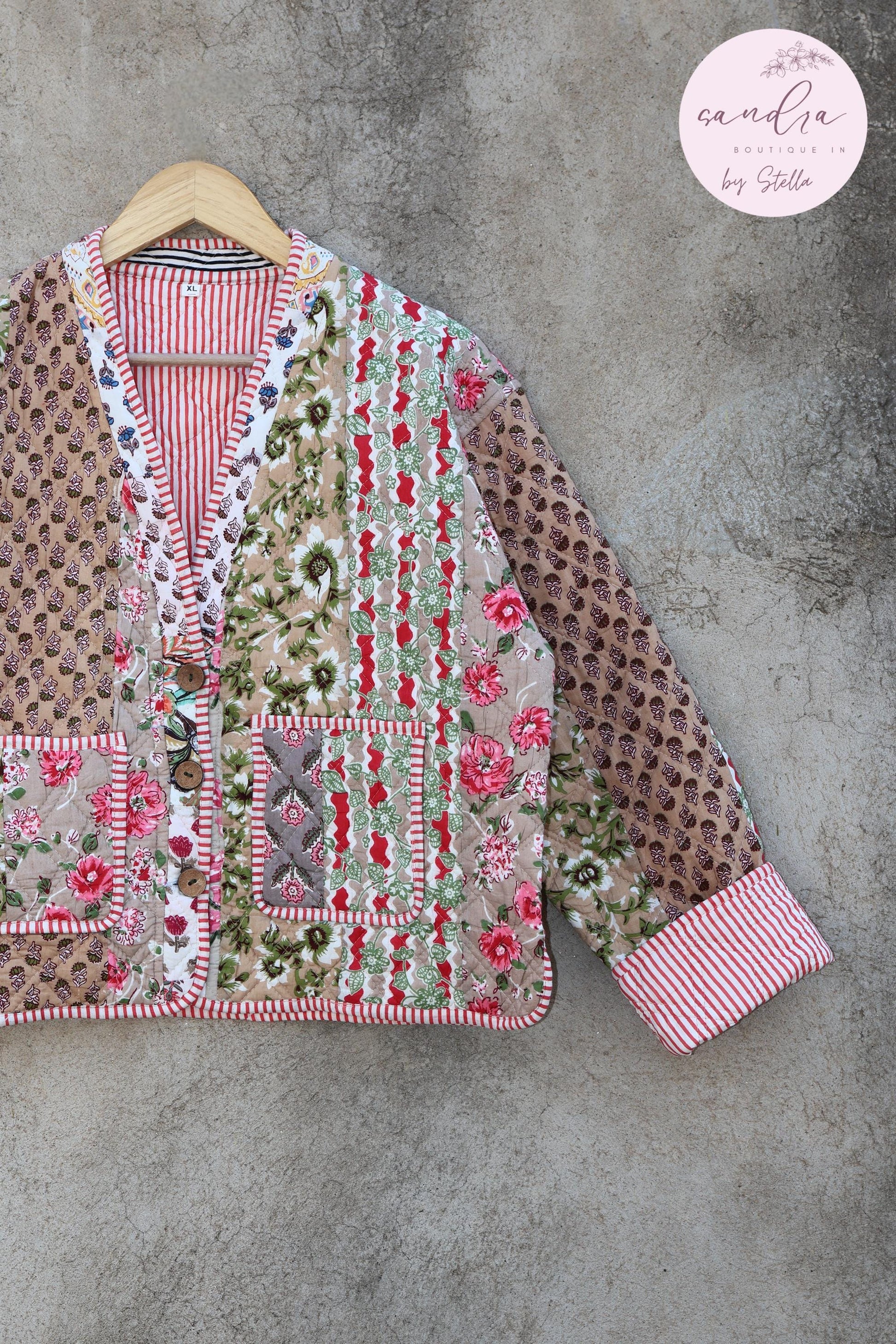Cotton Quilted Jacket V-Neck New Style Kantha Jacket Hand Block Print Floral Indian Women's Clothing Coat, Boho Spring Jacket Gift for Her