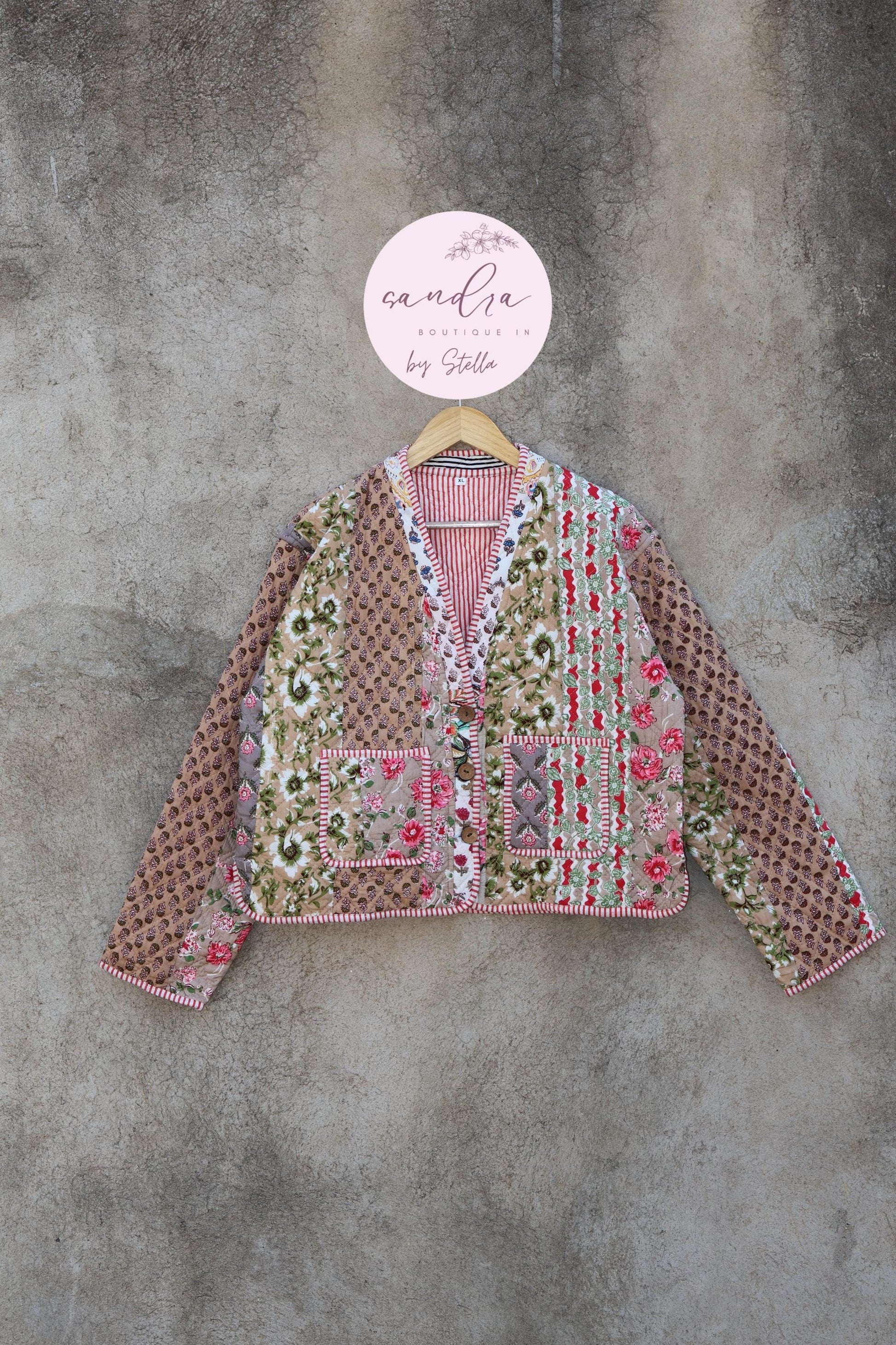 Cotton Quilted Jacket V-Neck New Style Kantha Jacket Hand Block Print Floral Indian Women's Clothing Coat, Boho Spring Jacket Gift for Her