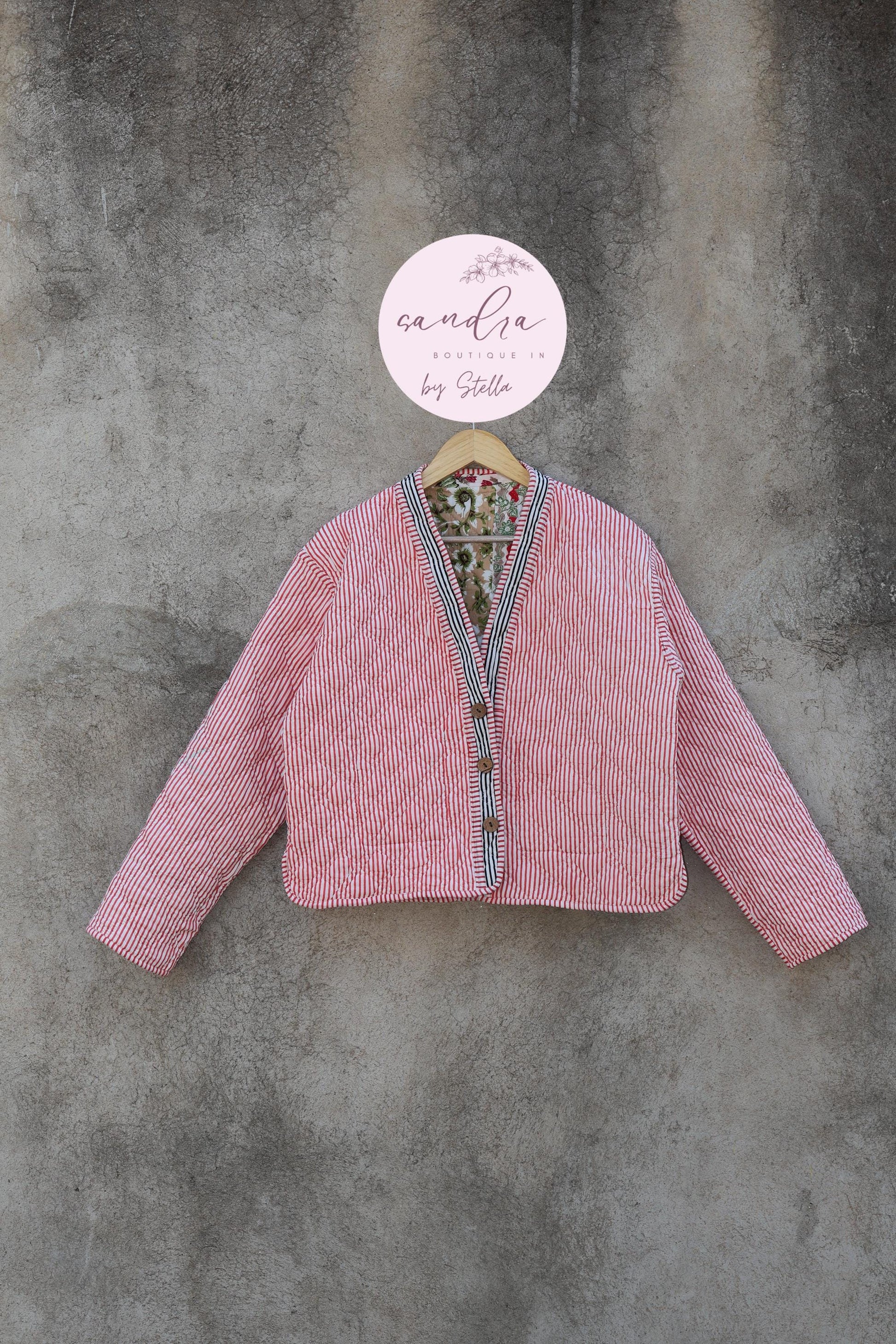 Cotton Quilted Jacket V-Neck New Style Kantha Jacket Hand Block Print Floral Indian Women's Clothing Coat, Boho Spring Jacket Gift for Her
