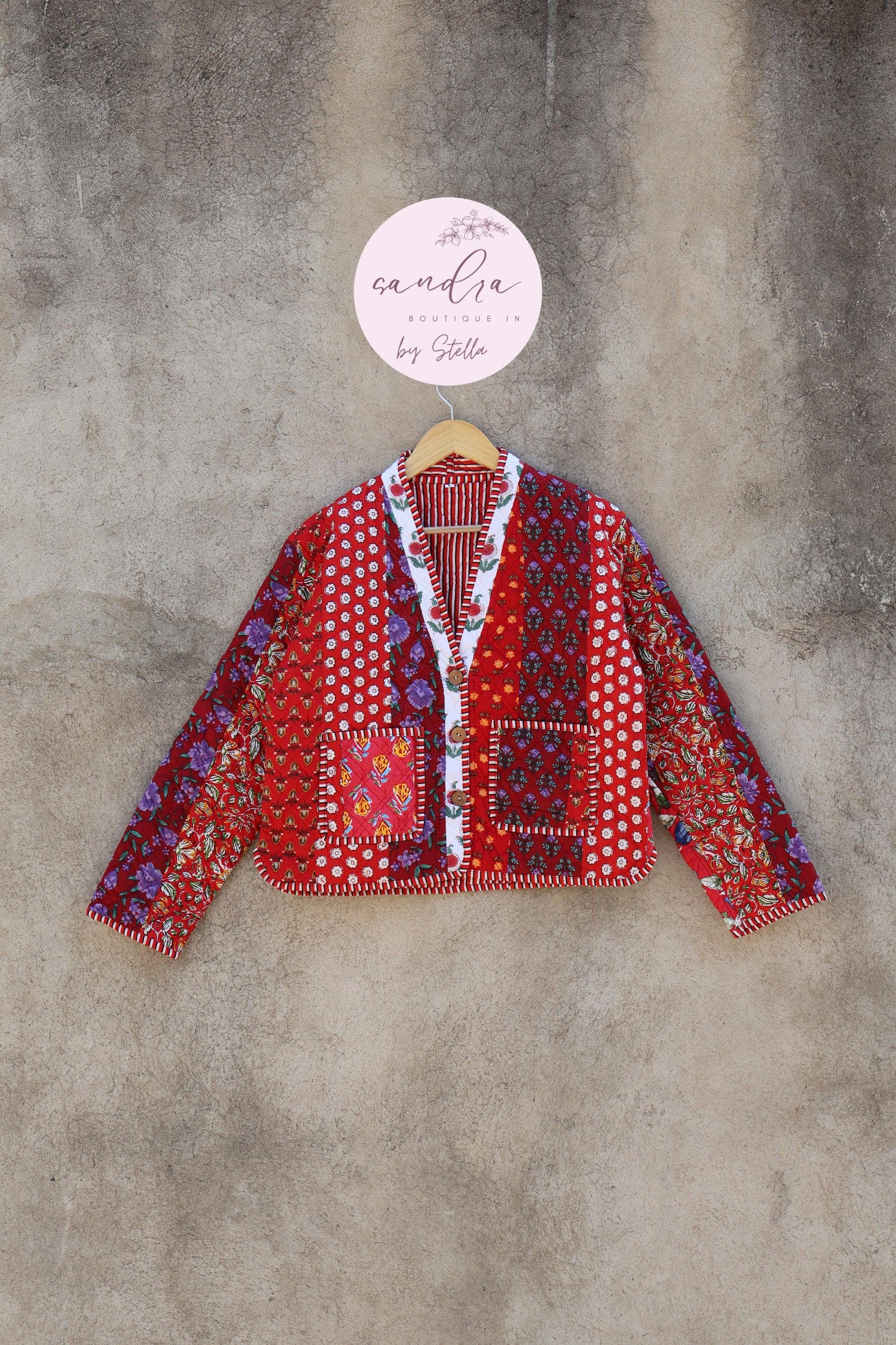 Cotton Quilted Jacket V-Neck New Style Kantha Jacket Hand Block Print Floral Indian Women's Clothing Coat, Boho Spring Jacket Gift for Her