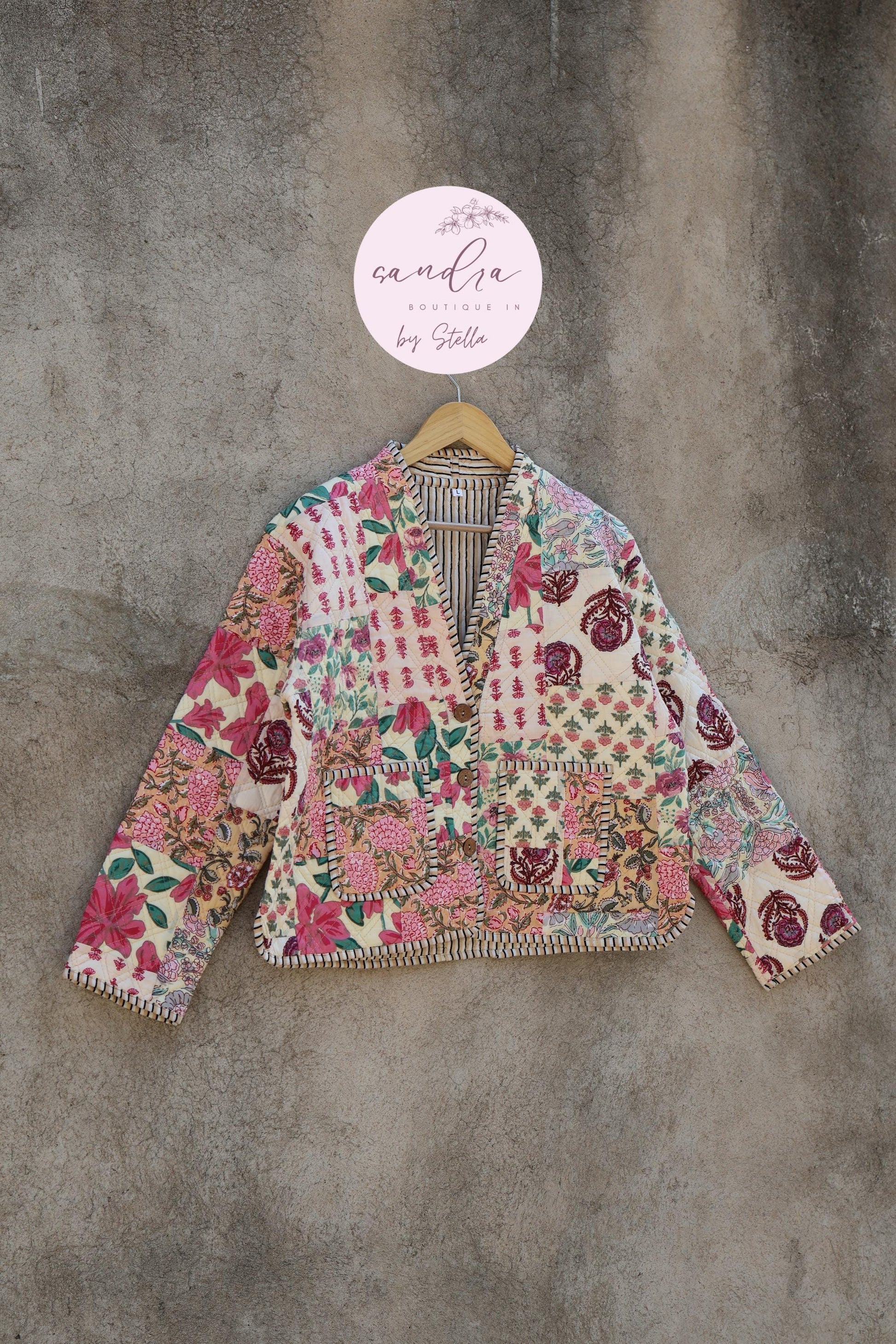 Cotton Quilted Jacket V-Neck New Style Kantha Jacket Hand Block Print Floral Indian Women's Clothing Coat, Boho Spring Jacket Gift for Her