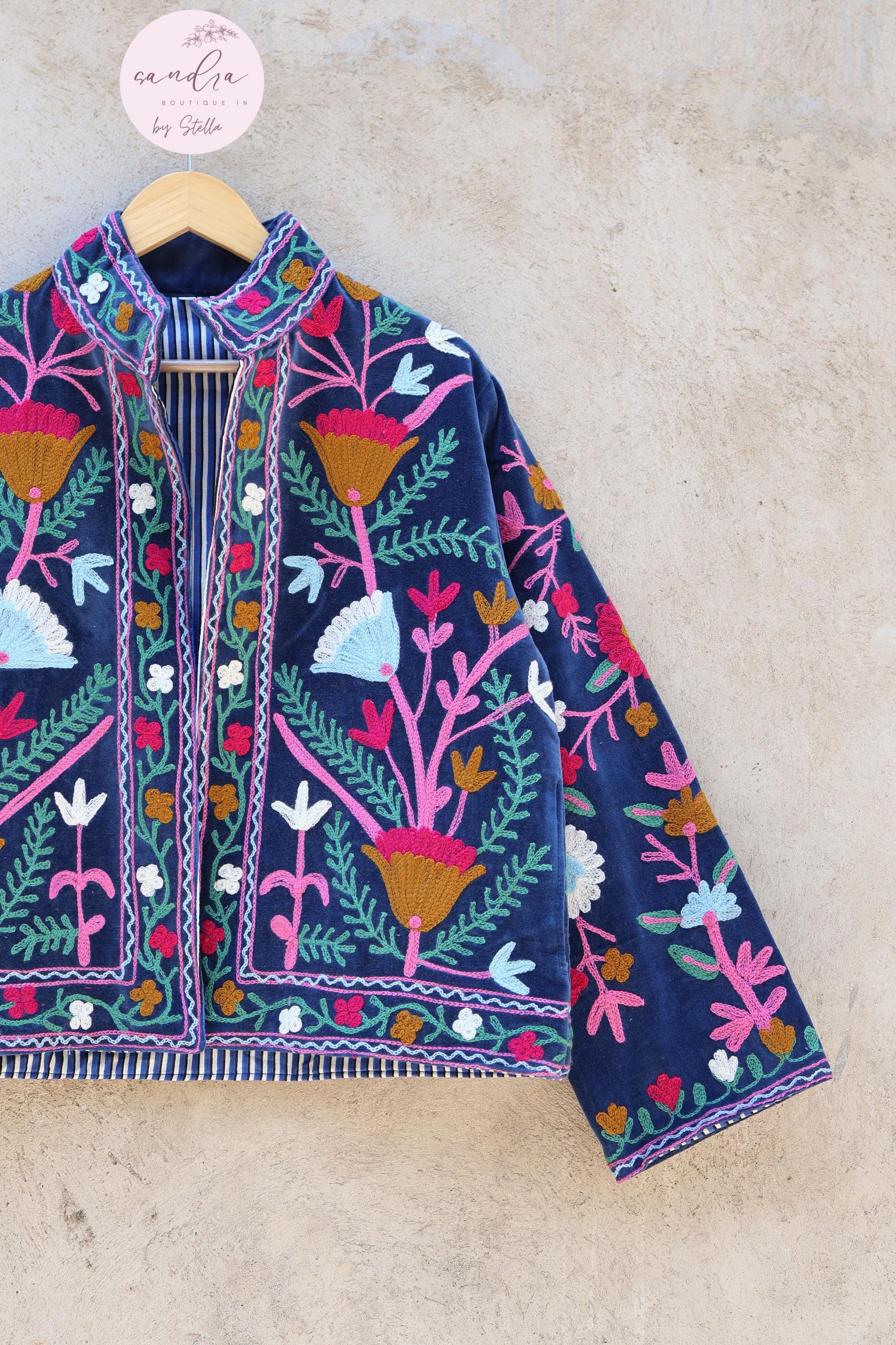 Suzani Embroidery Cotton Velvet Jacket, Kimono Jacket Handmade Soft TNT Fabric Jacket, Women's Clothing Coat Boho Jacket Spring Gift for Her