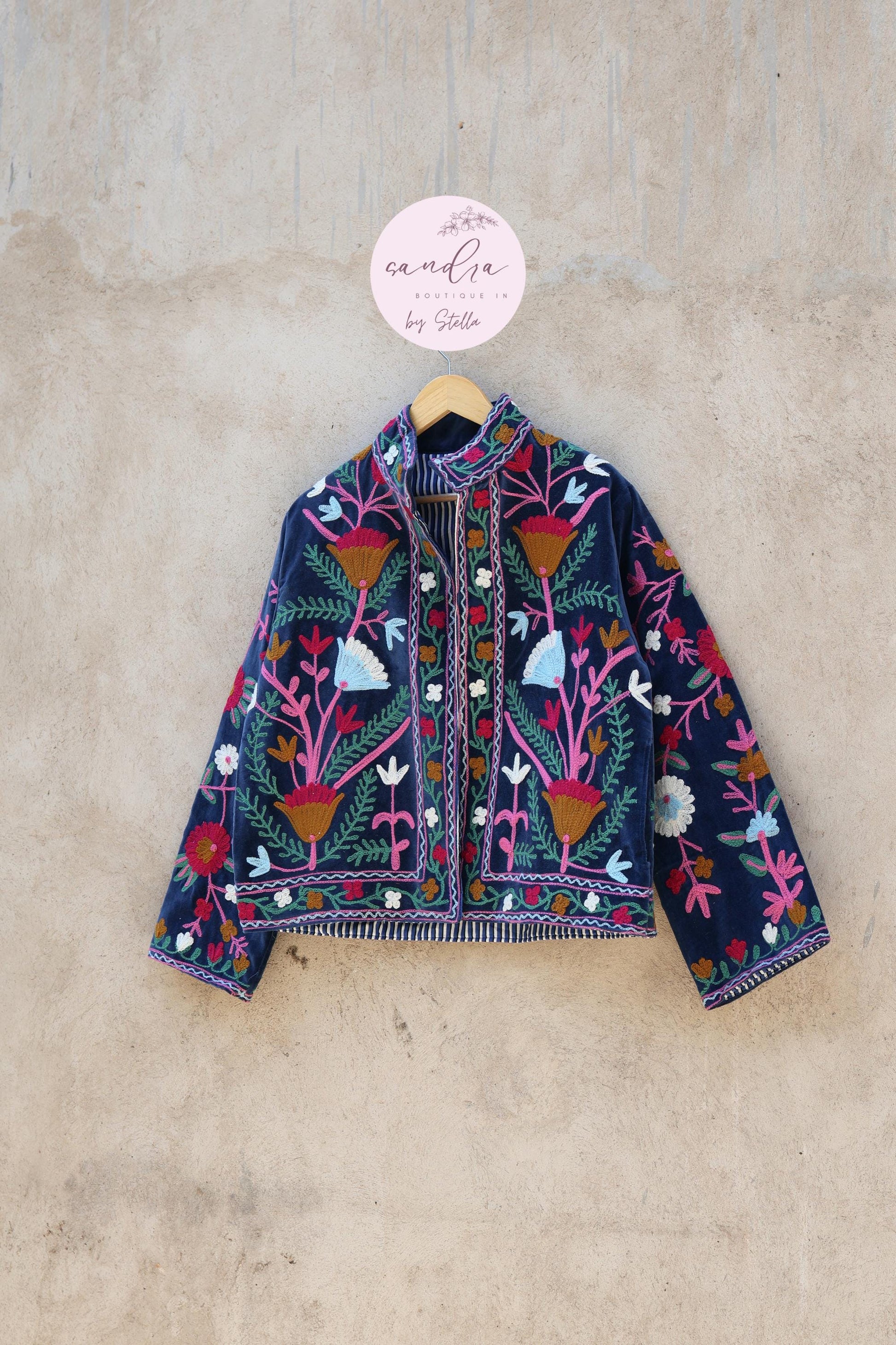 Suzani Embroidery Cotton Velvet Jacket, Kimono Jacket Handmade Soft TNT Fabric Jacket, Women's Clothing Coat Boho Jacket Spring Gift for Her