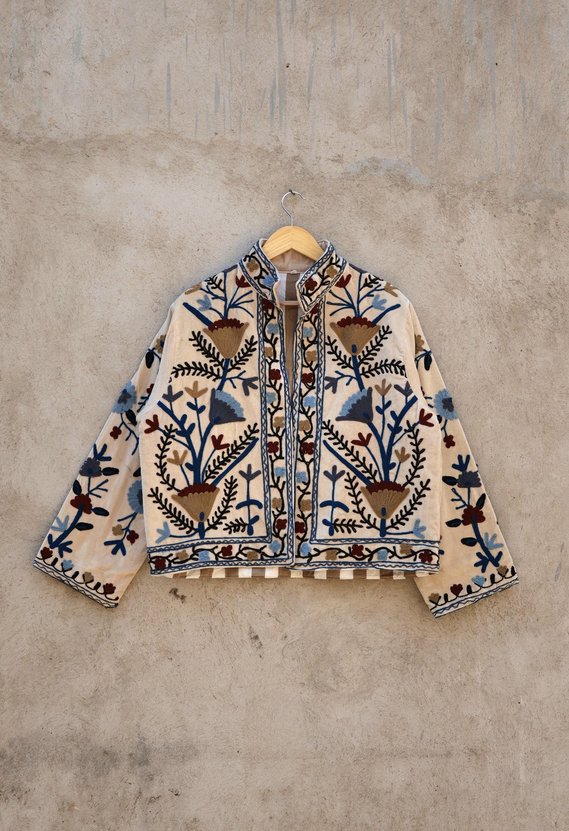 Suzani Embroidery Cotton Velvet Jacket, Kimono Jacket Handmade Soft TNT Fabric Jacket, Women's Clothing Coat Boho Jacket Spring Gift for Her